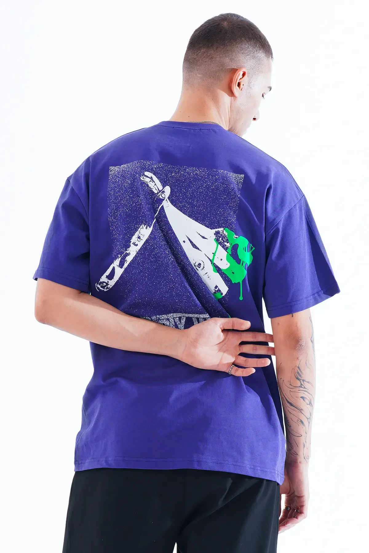 Erkek Kadife Baskılı Mavi Oversize T-Shirt