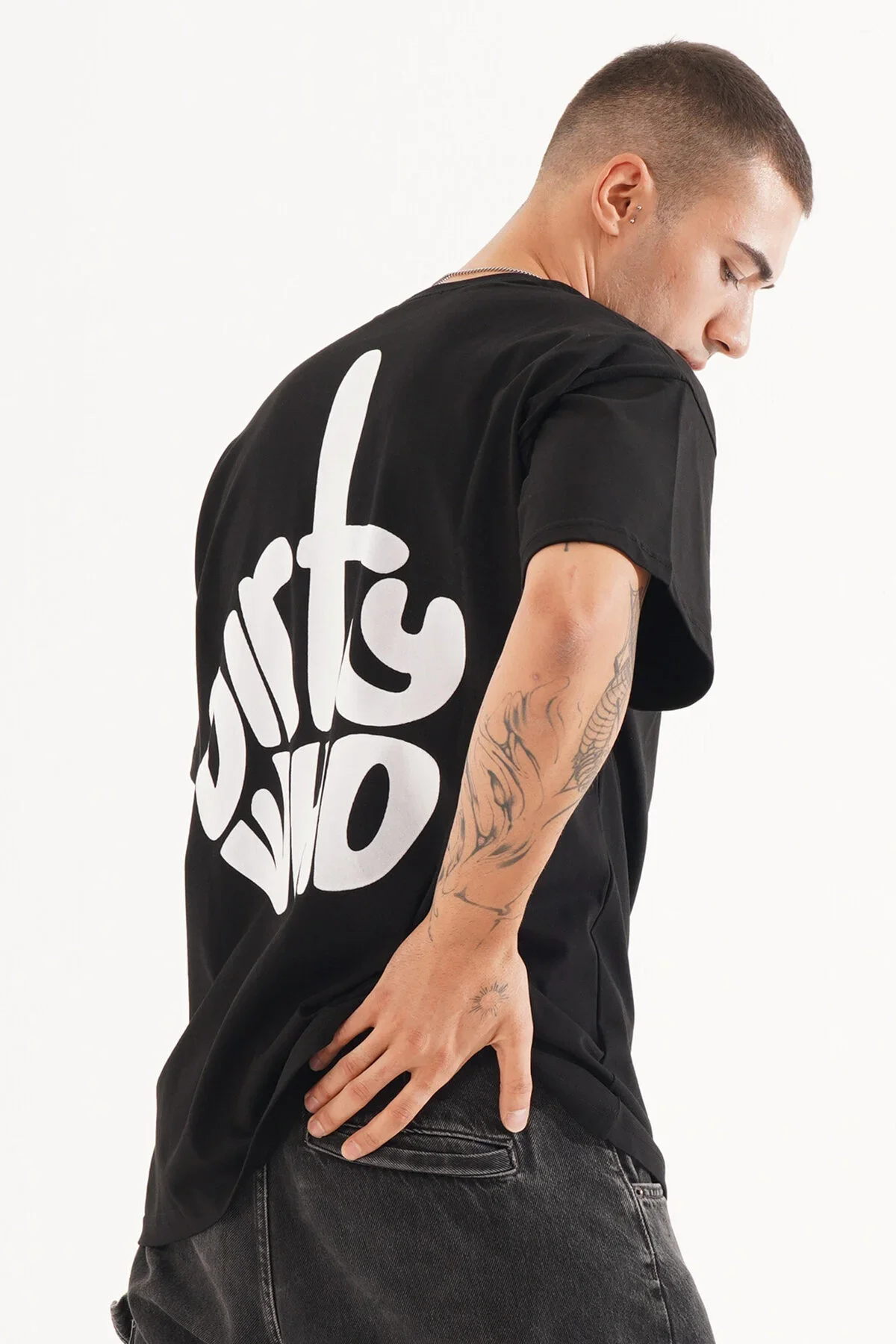 Erkek Kadife Baskılı Siyah Oversize T-Shirt