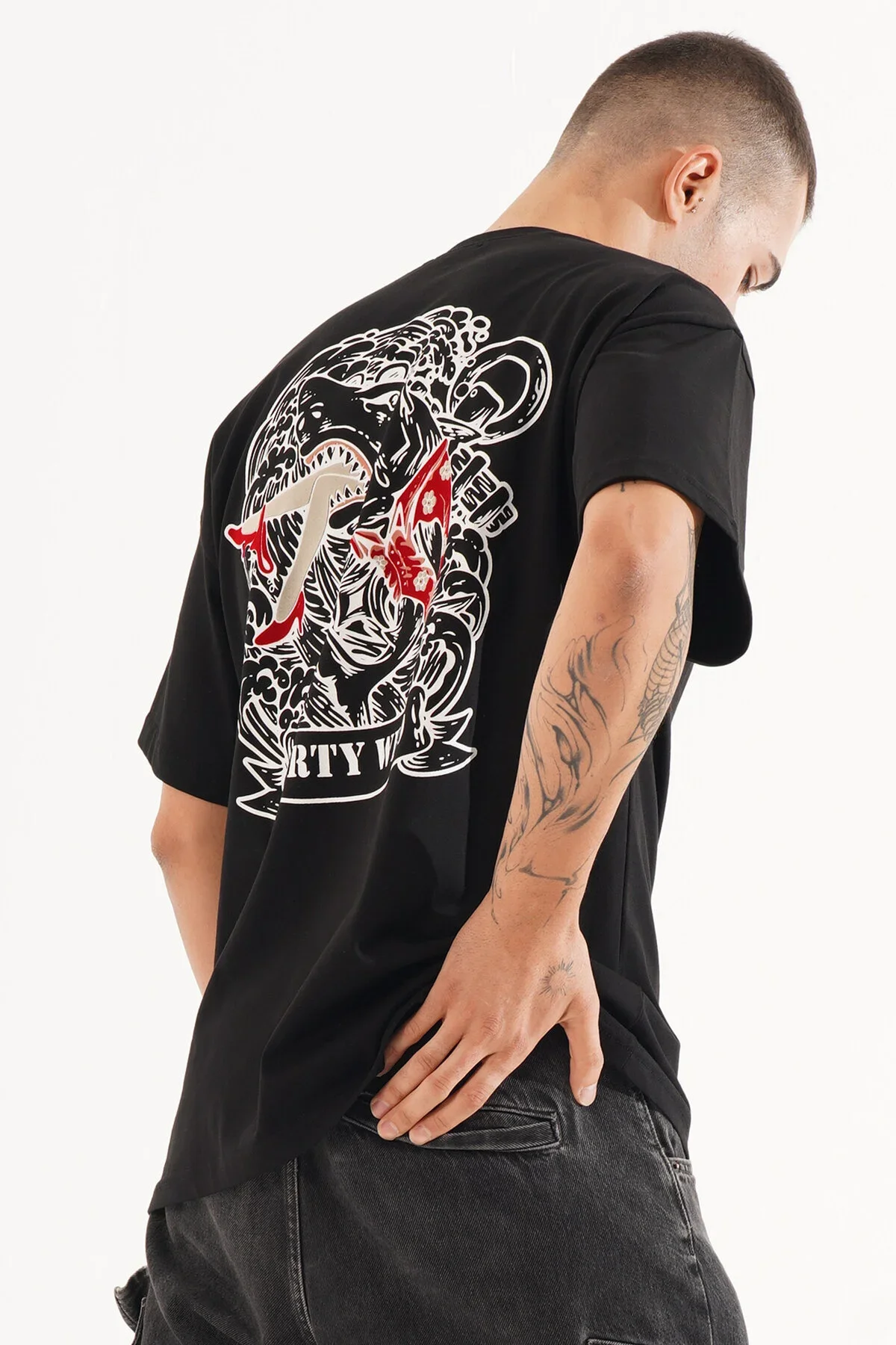 Erkek Kadife Baskılı Siyah Oversize T-Shirt