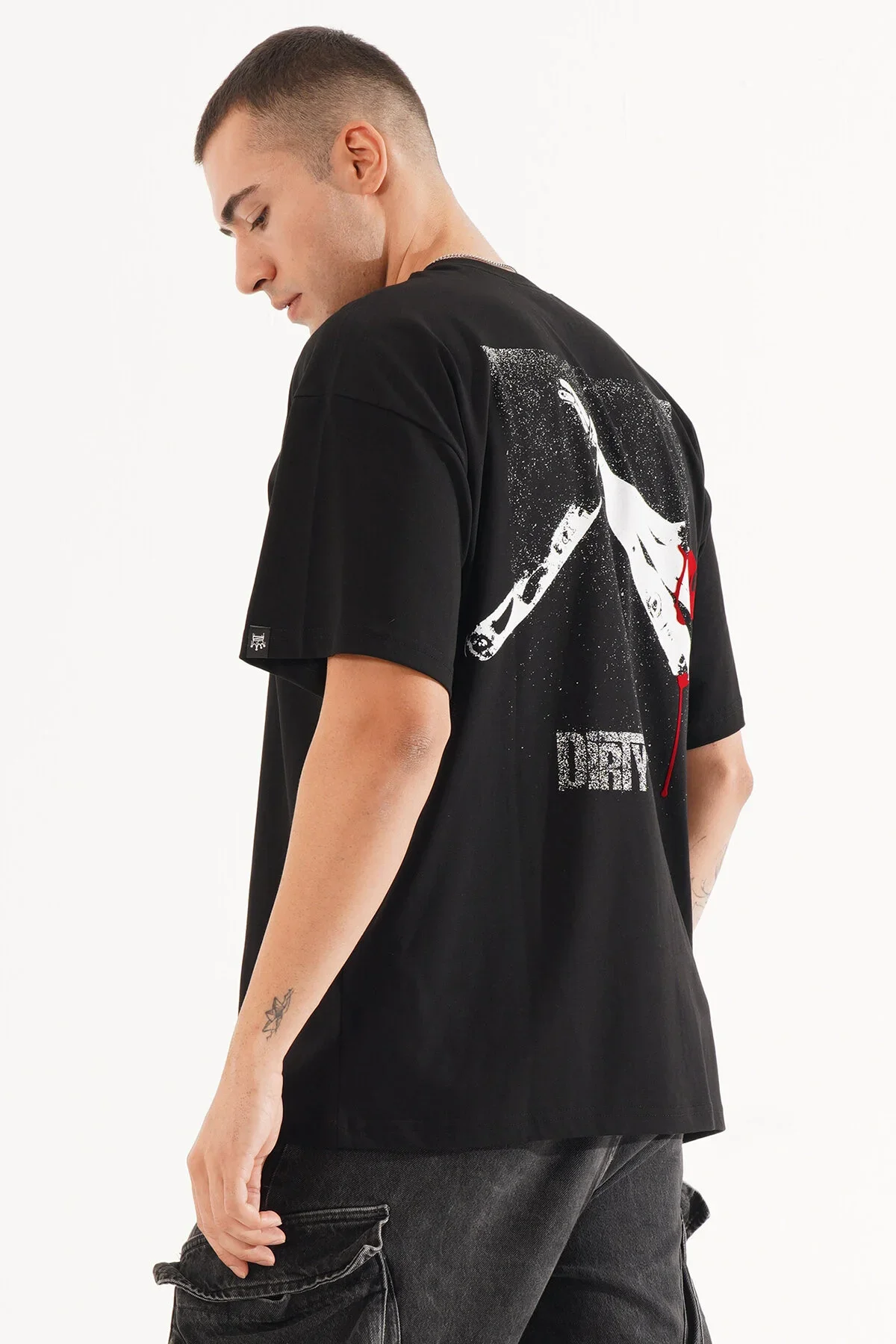 Erkek Kadife Baskılı Siyah Oversize T-Shirt