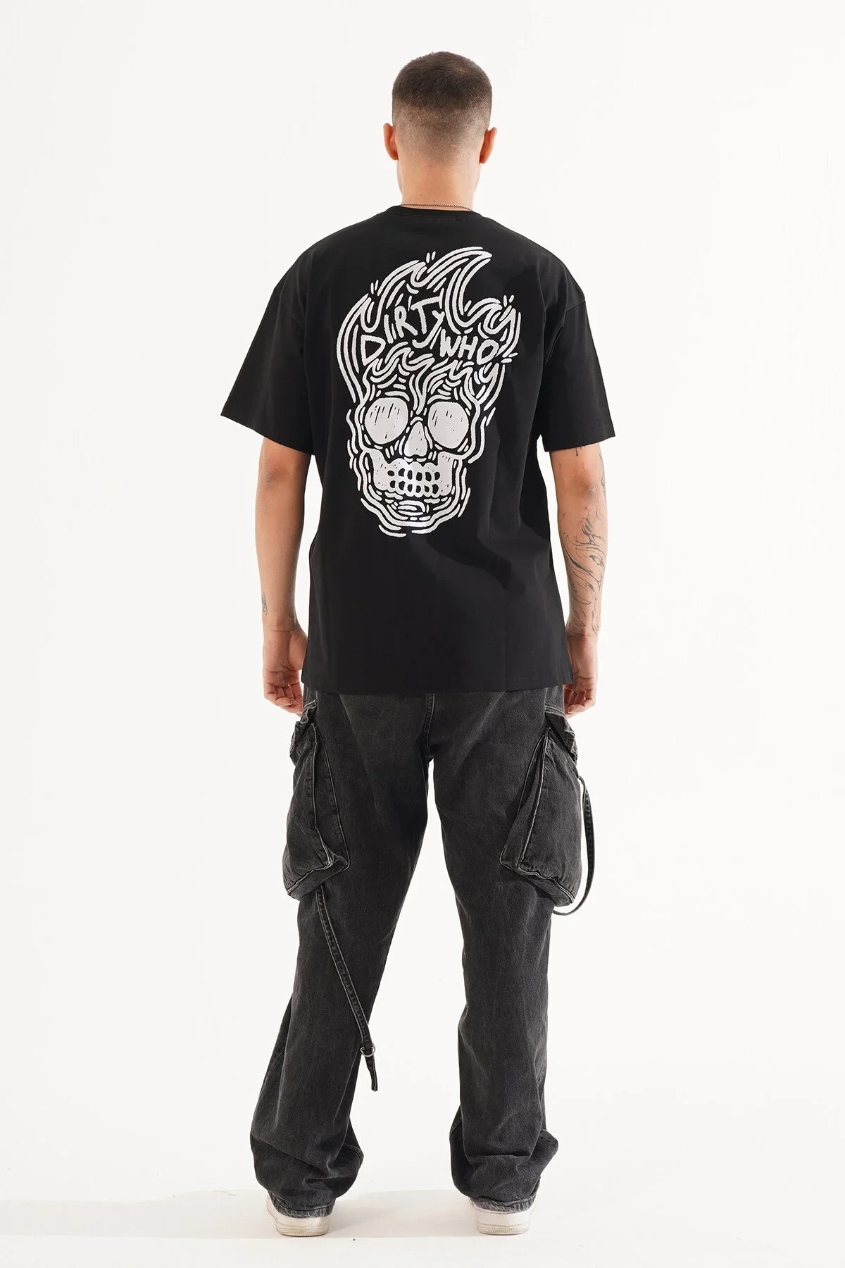 Erkek Kadife Baskılı Siyah Oversize T-Shirt