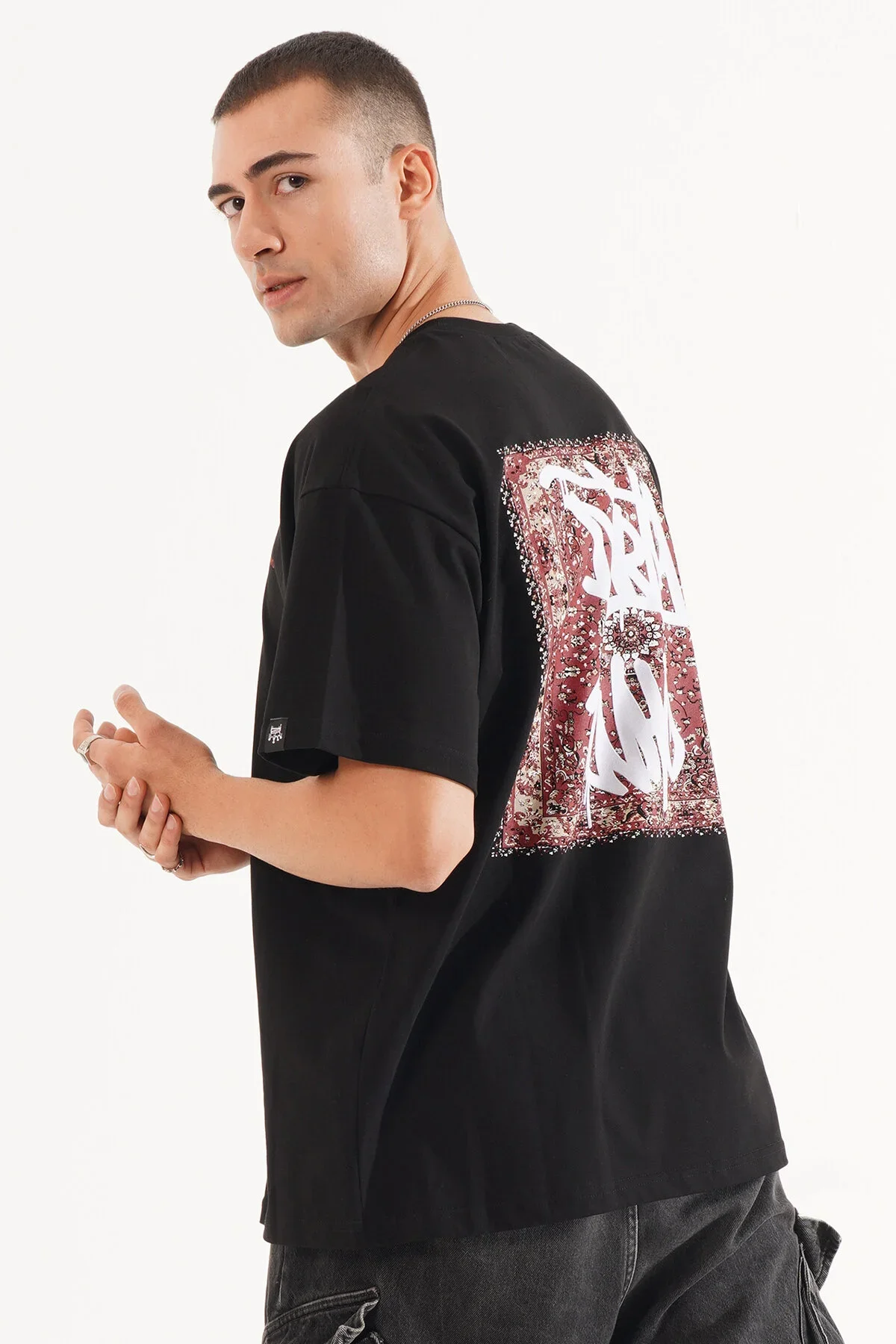 Erkek Kadife Baskılı Siyah Oversize T-Shirt