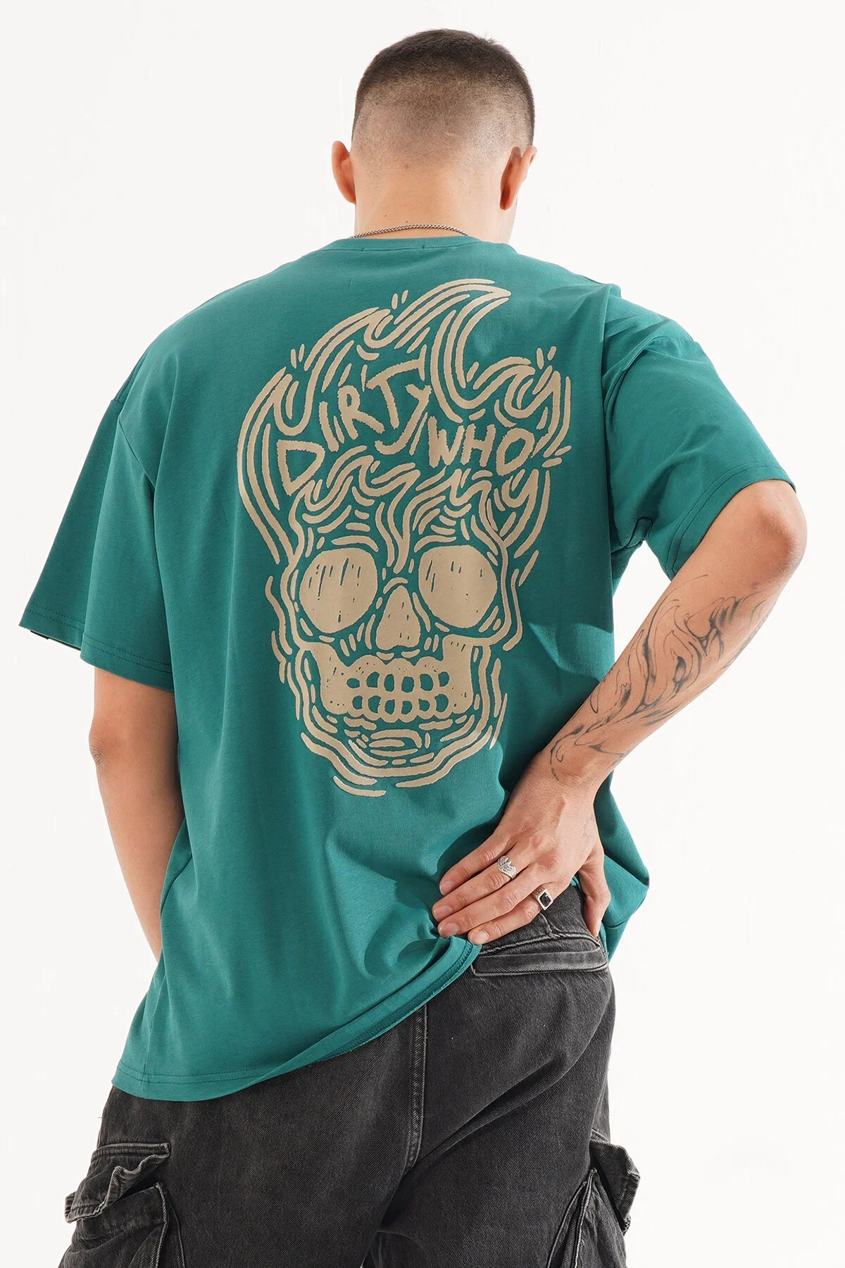 Erkek Kadife Baskılı Yeşil Oversize T-Shirt