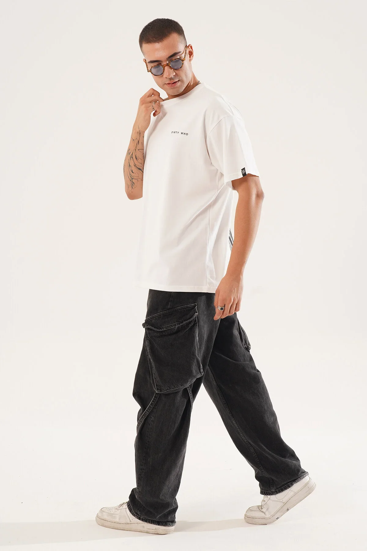 Erkek Kadife Baskılı Beyaz Oversize T-Shirt