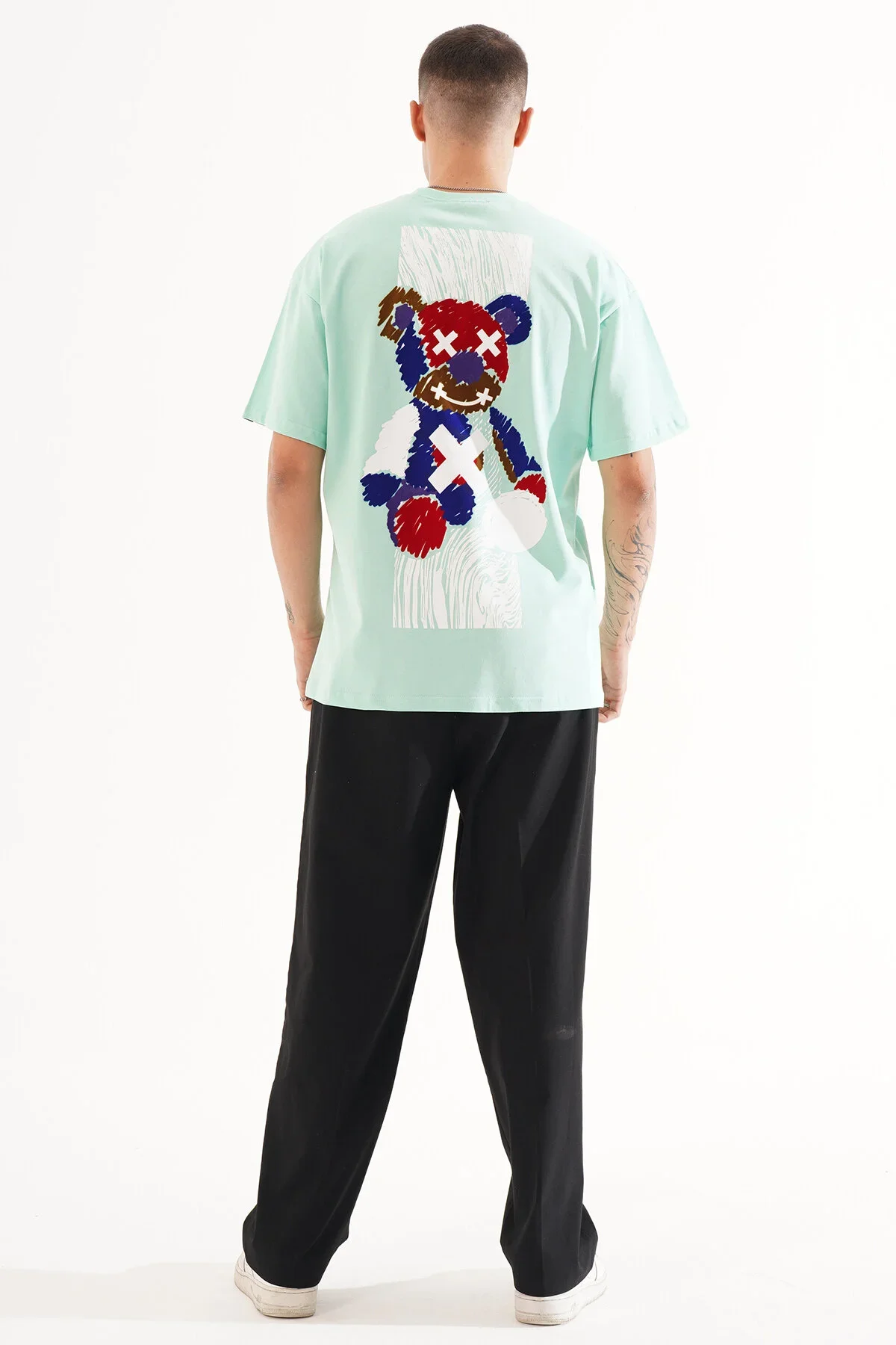 Erkek Kadife Baskılı Turkuaz Oversize T-Shirt