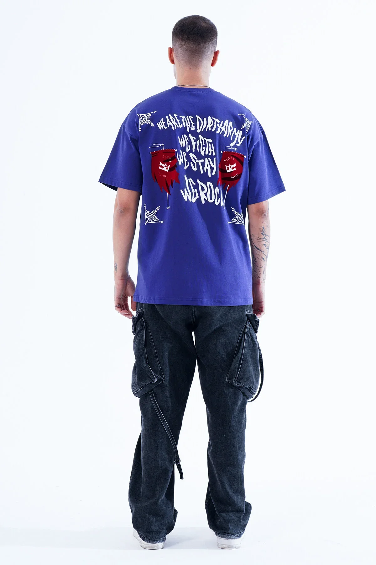 Erkek Kadife Baskılı Mavi Oversize T-Shirt