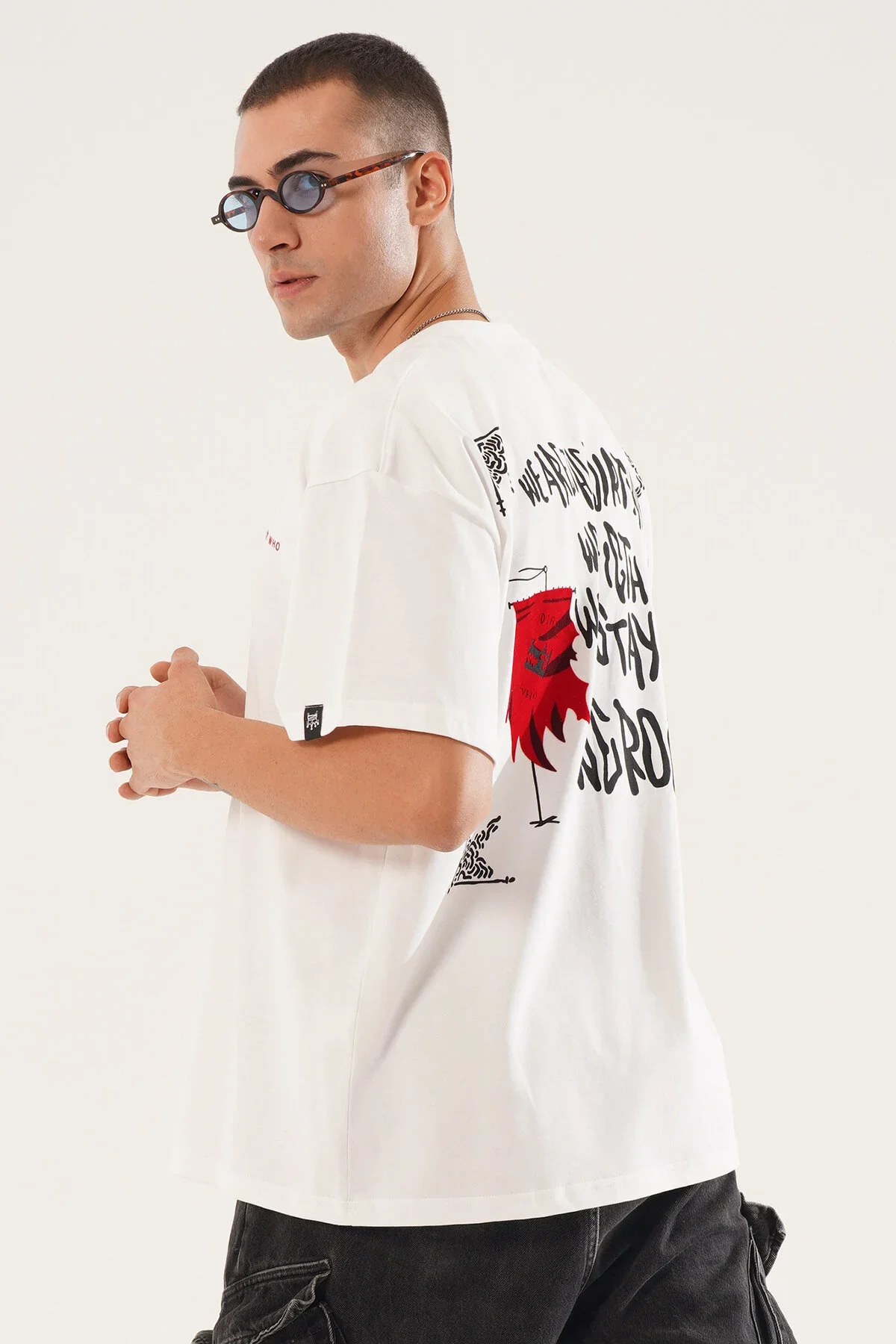 Erkek Kadife Baskılı Beyaz Oversize T-Shirt