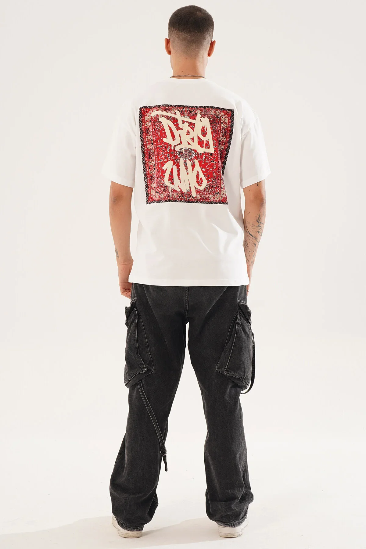Erkek Kadife Baskılı Beyaz Oversize T-Shirt