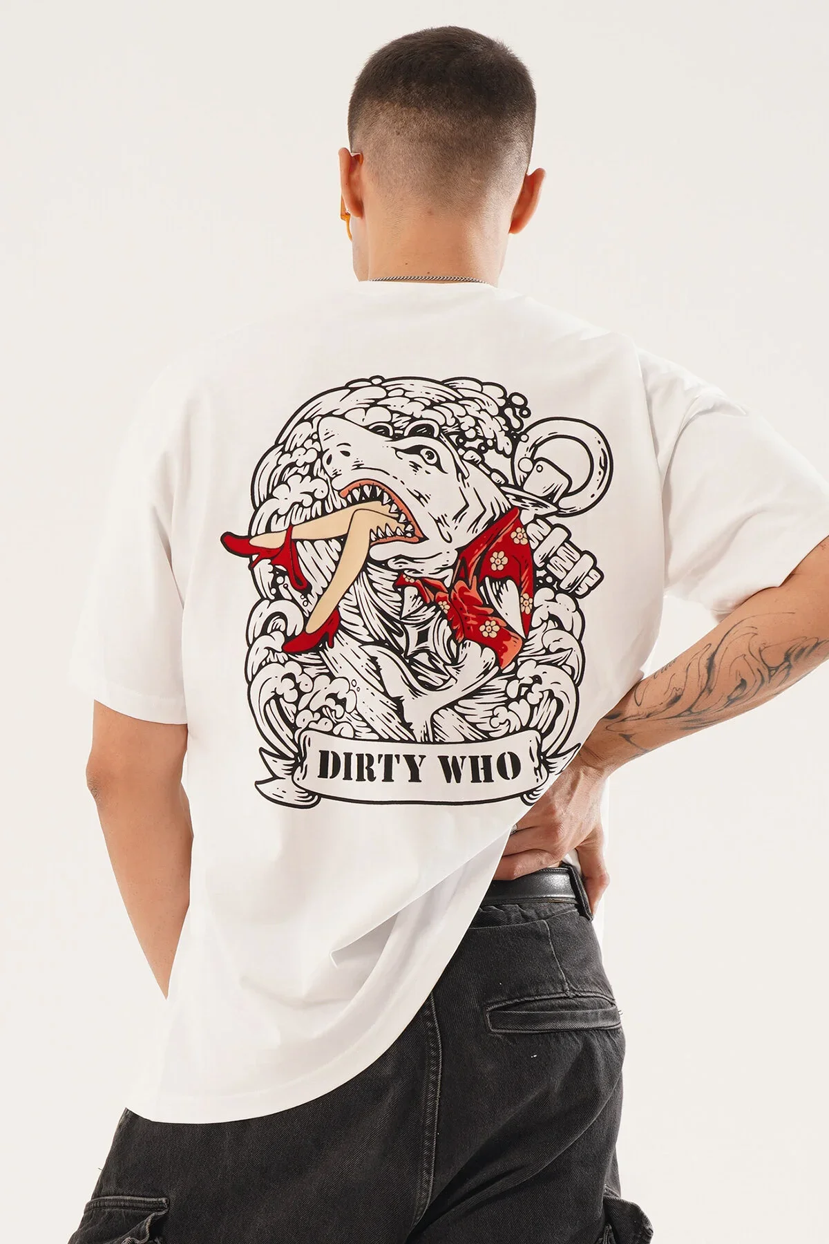 Erkek Kadife Baskılı Beyaz Oversize T-Shirt