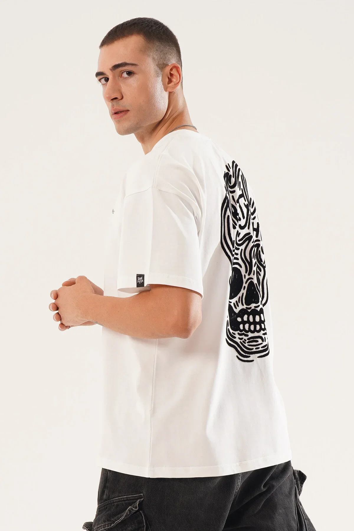 Erkek Kadife Baskılı Beyaz Oversize T-Shirt