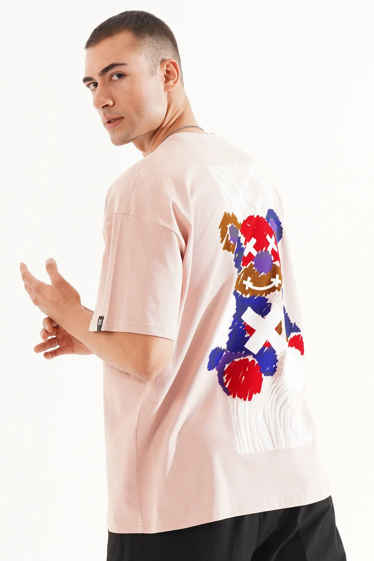 Erkek Kadife Baskılı Pembe Oversize T-Shirt