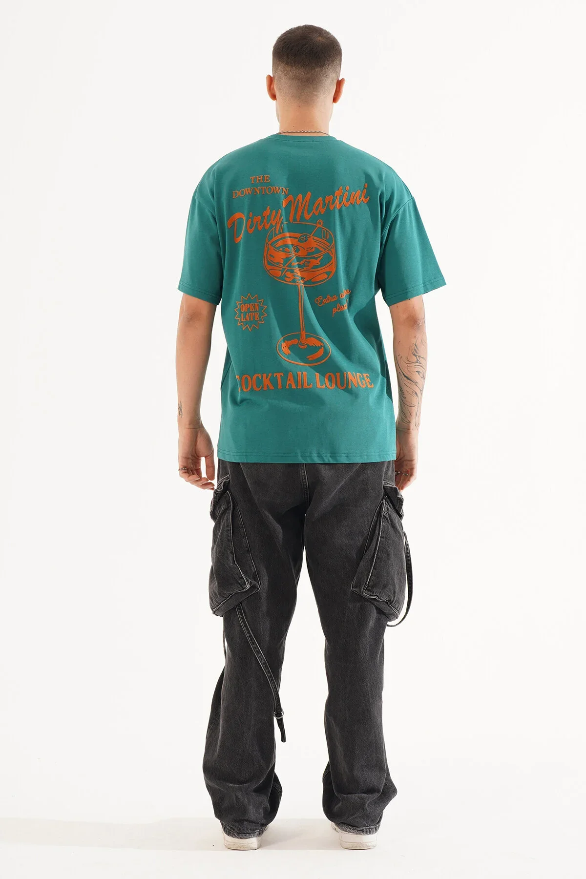 Erkek Kadife Baskılı Yeşil Oversize T-shirt