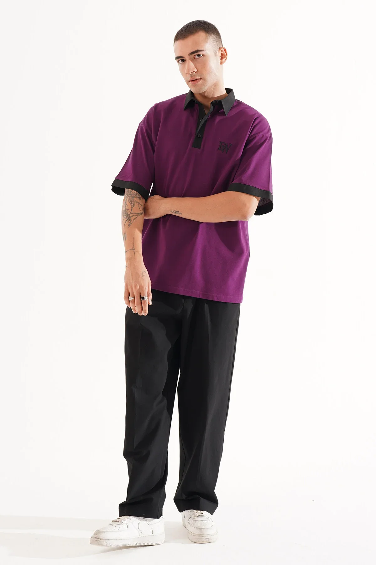 Erkek Oversize Mor Polo Yaka T-shirt