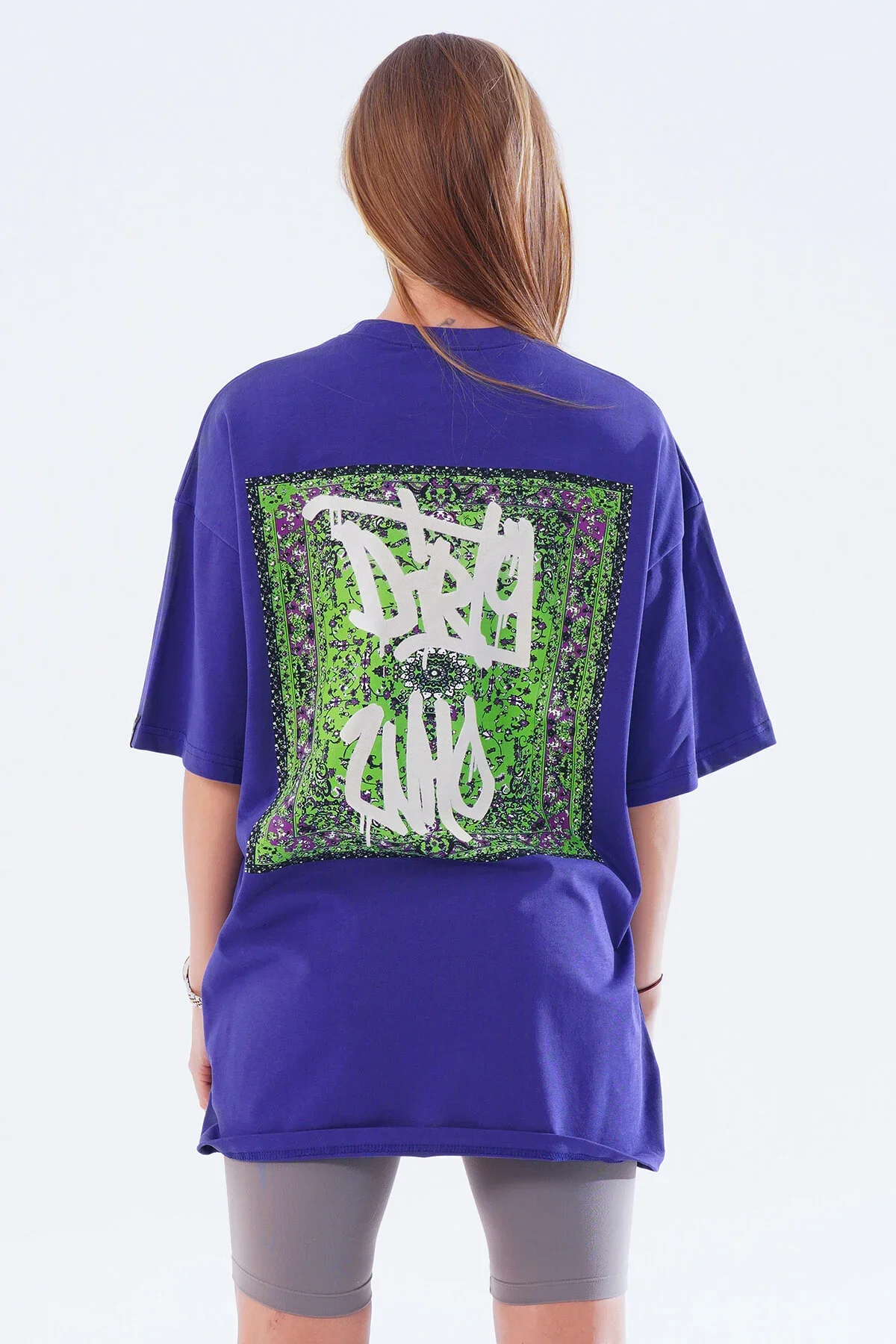 Kadın Kadife Baskılı Mavi Oversize T-Shirt