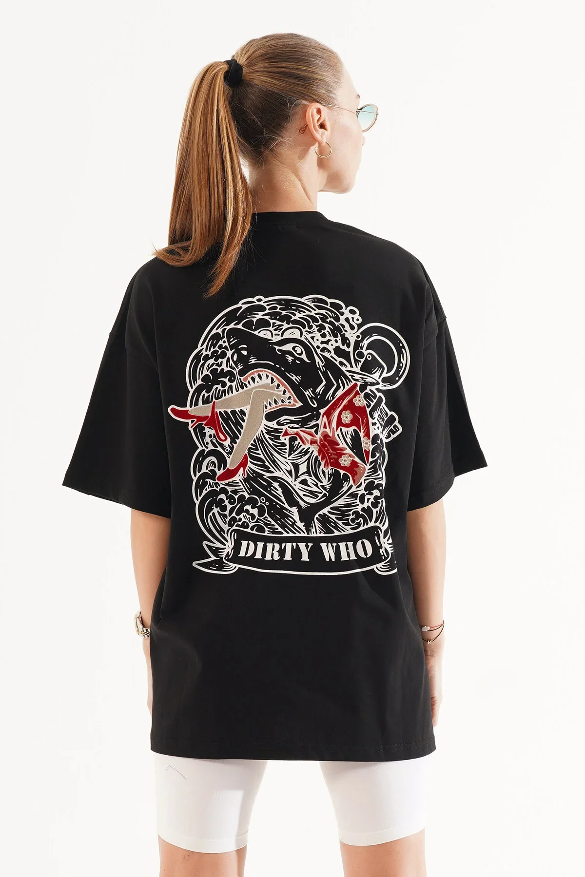 Kadın Kadife Baskılı Siyah Oversize T-Shirt