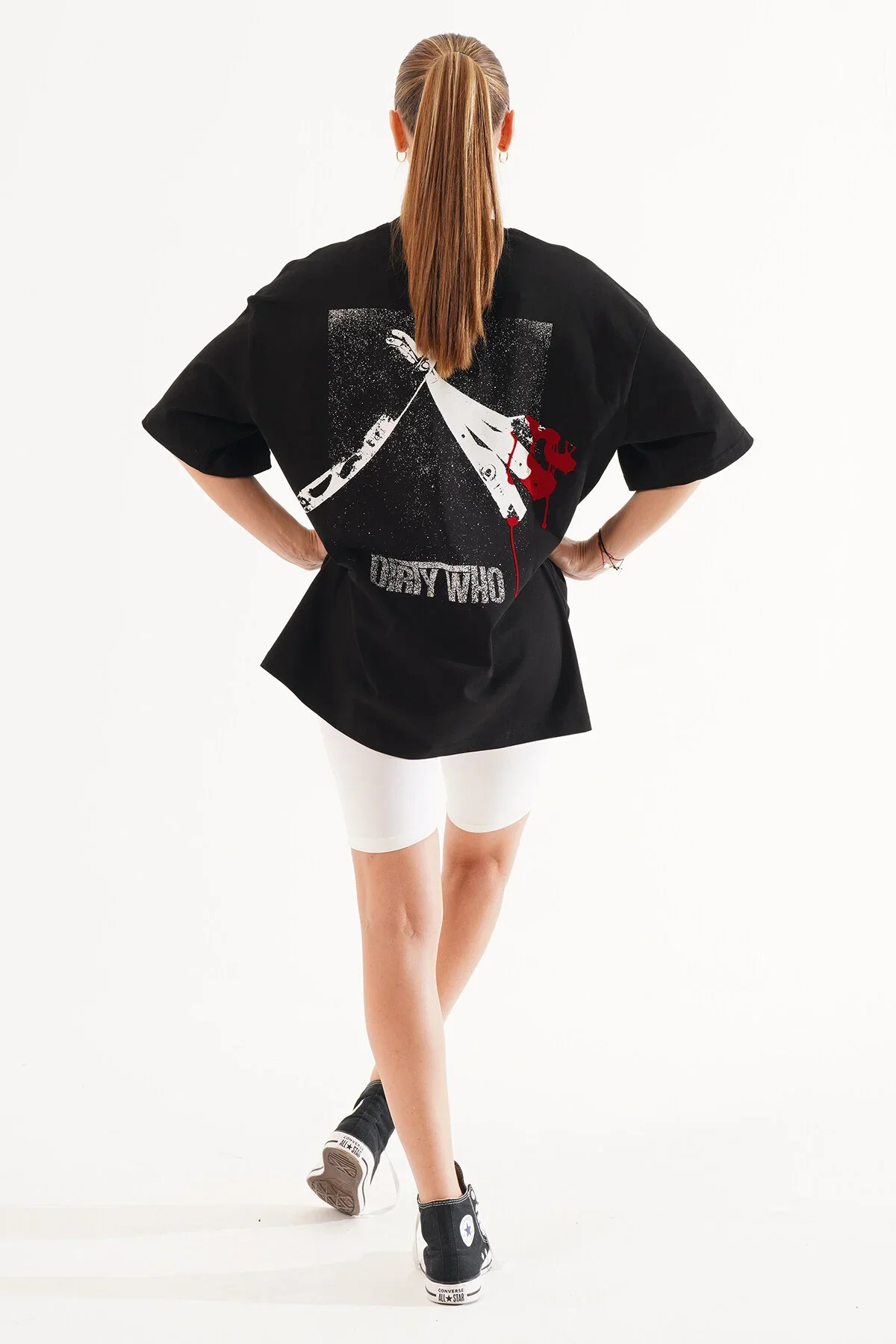 Kadın Kadife Baskılı Siyah Oversize T-Shirt