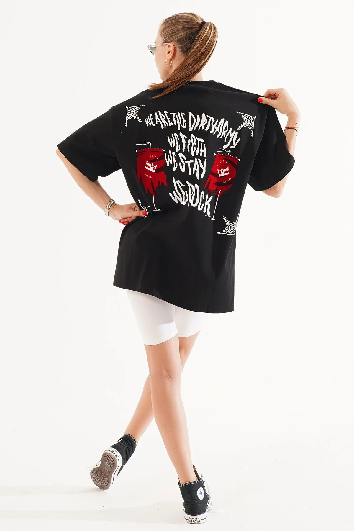 Kadın Kadife Baskılı Siyah Oversize T-Shirt