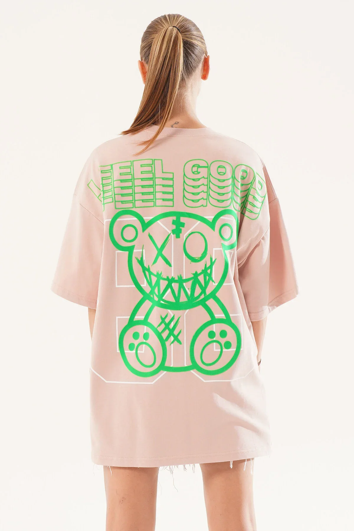 Kadın Kadife Baskılı Pembe Oversize T-Shirt