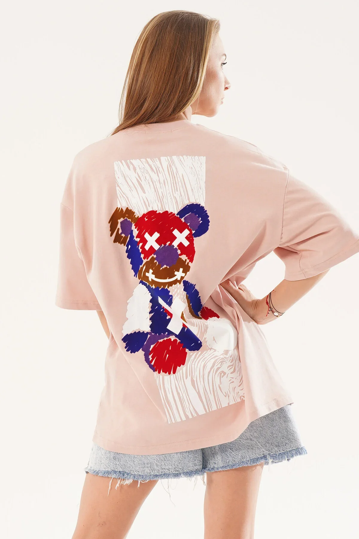 Kadın Kadife Baskılı Pembe Oversize T-shirt