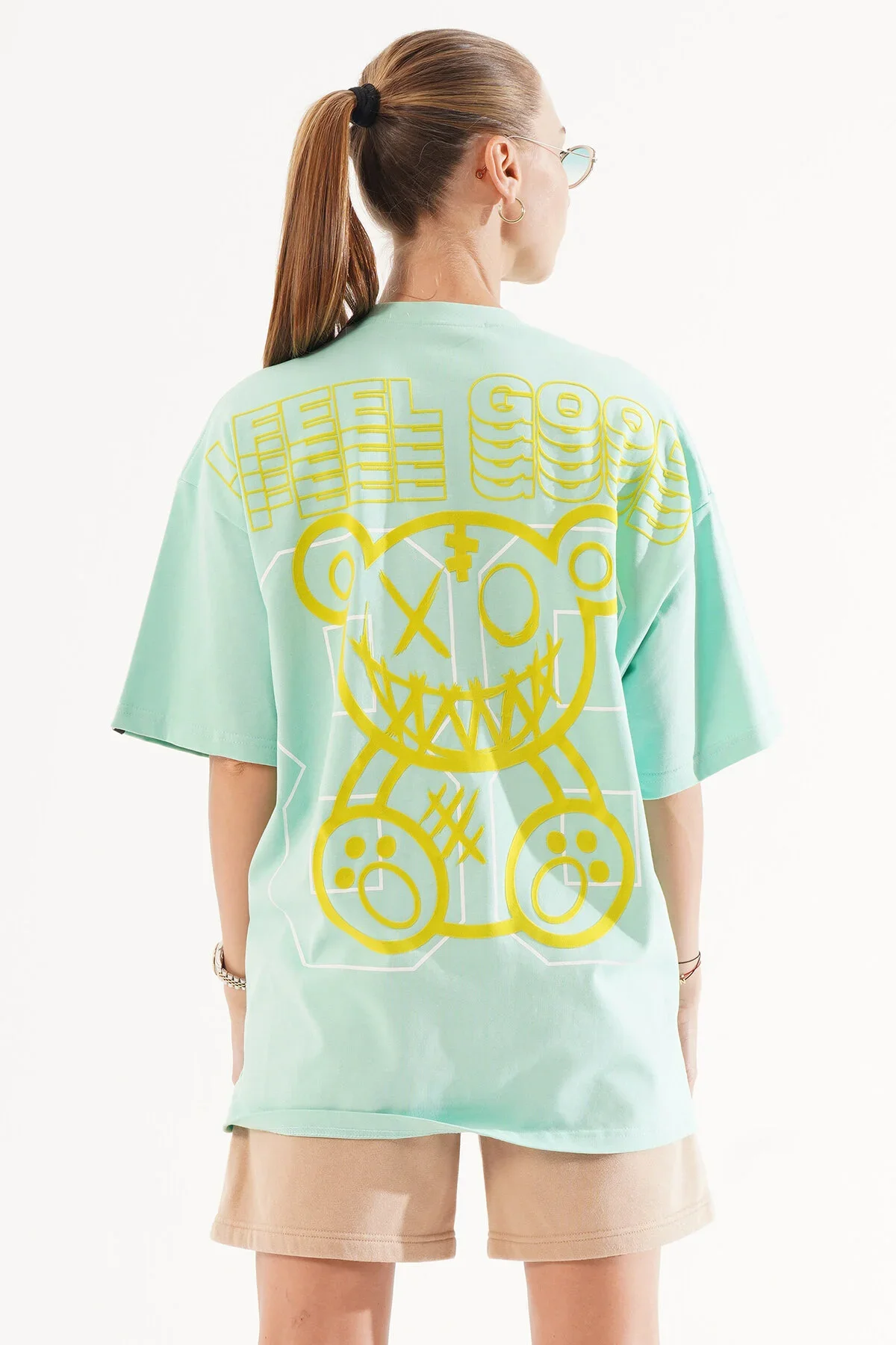 Kadın Kadife Baskılı Turkuaz Oversize T-Shirt
