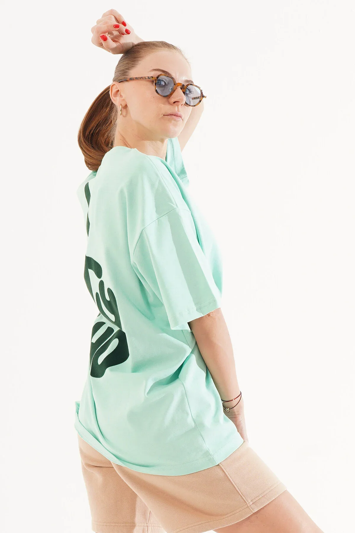 Kadın Kadife Baskılı Turkuaz Oversize T-Shirt