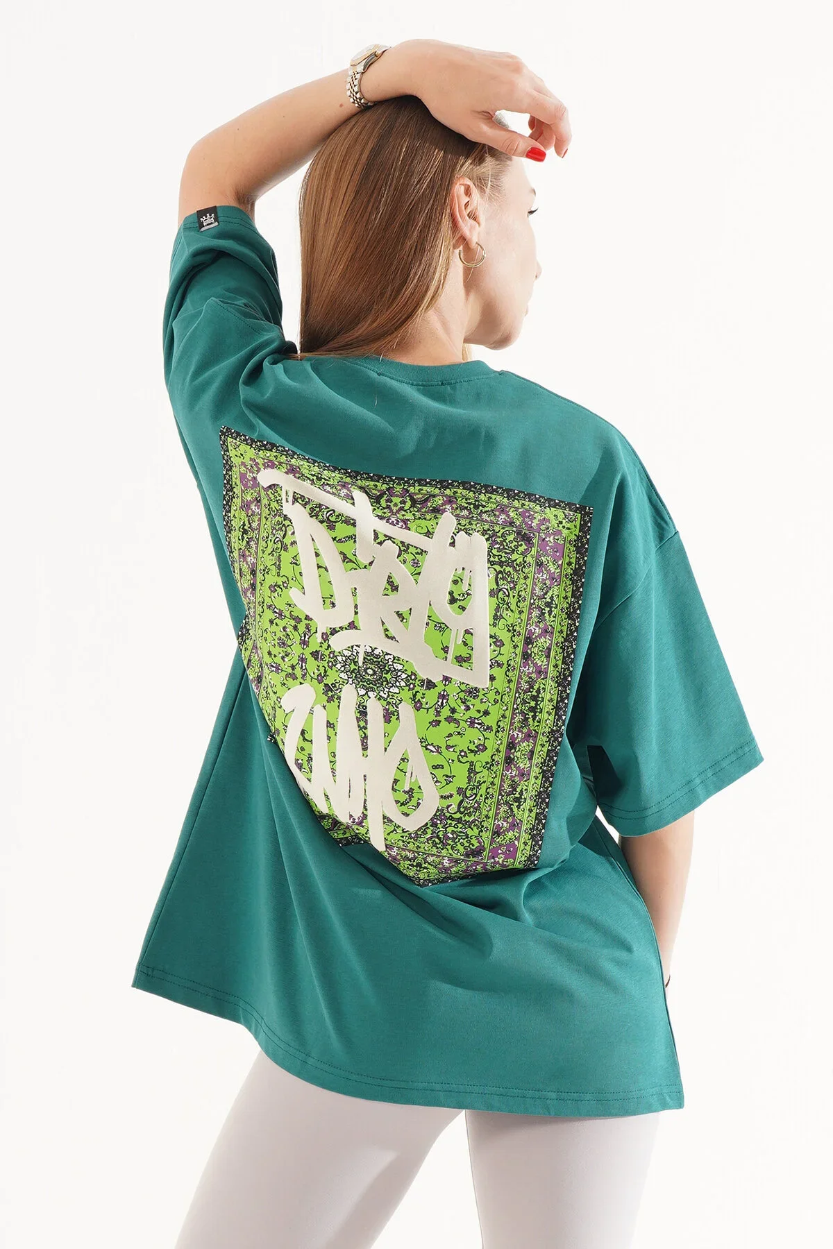Kadın Kadife Baskılı Yeşil Oversize T-Shirt