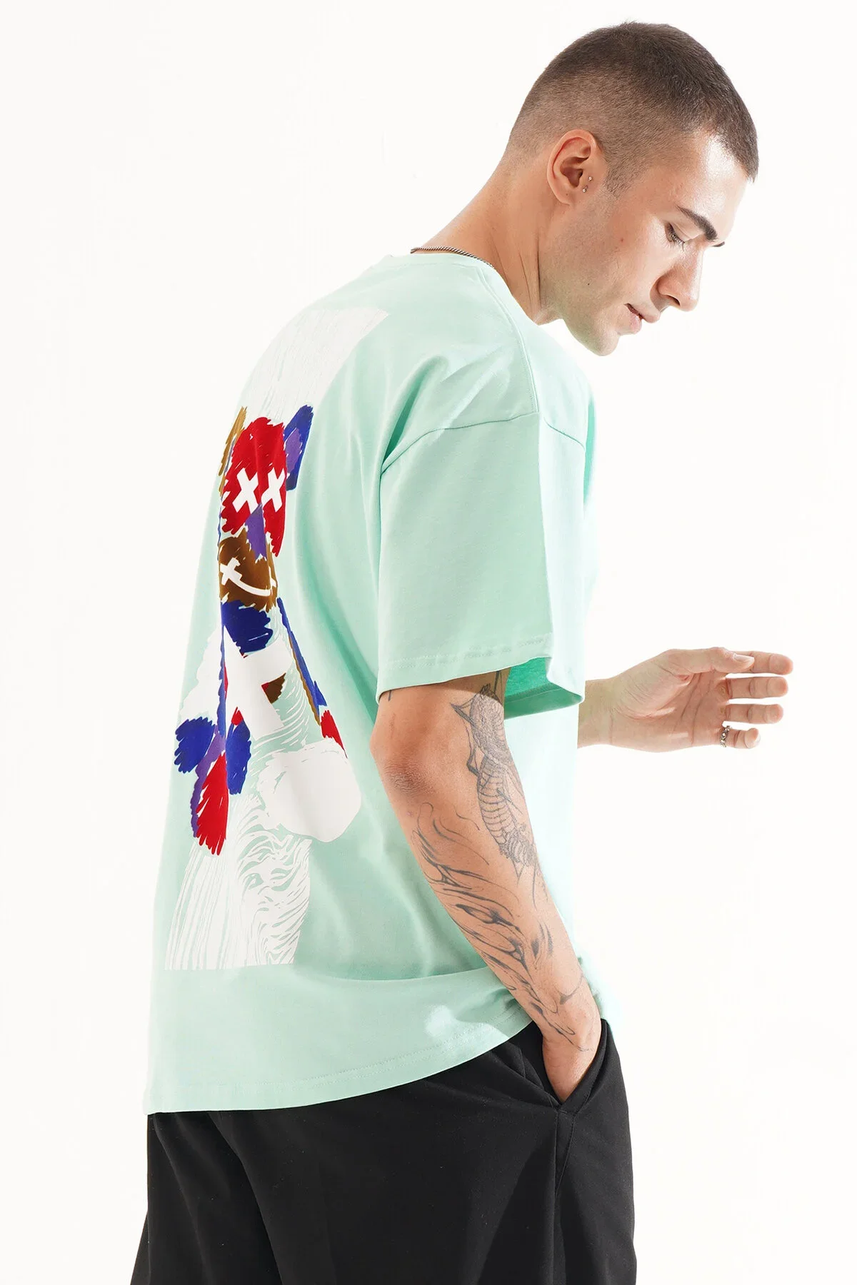 Erkek Kadife Baskılı Turkuaz Oversize T-Shirt