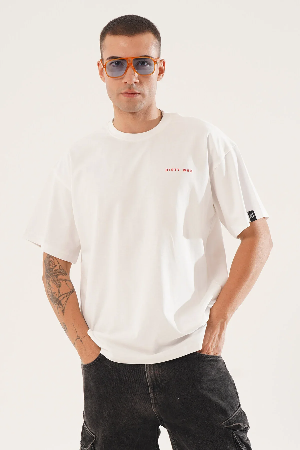 Erkek Kadife Baskılı Beyaz Oversize T-Shirt - görsel 2
