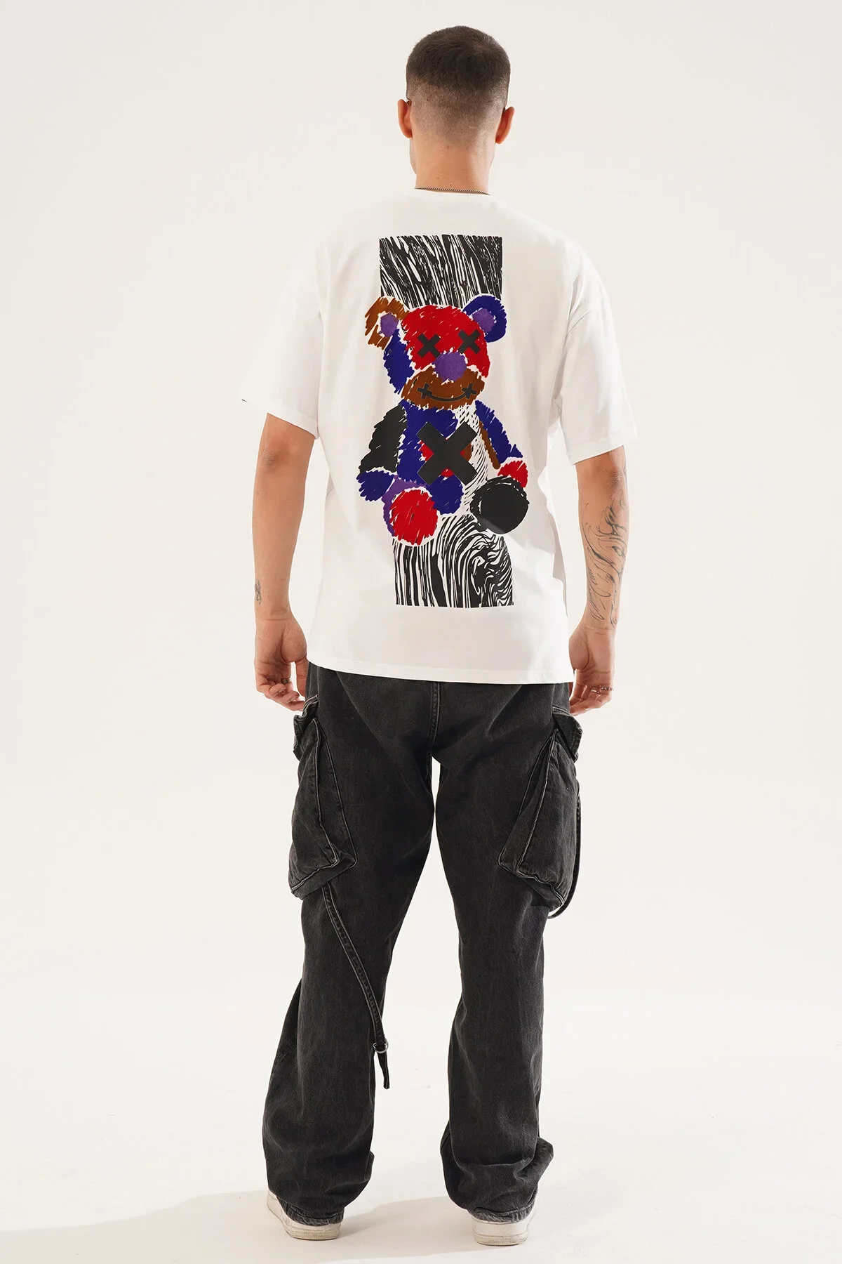 Erkek Kadife Baskılı Beyaz Oversize T-Shirt - görsel 6