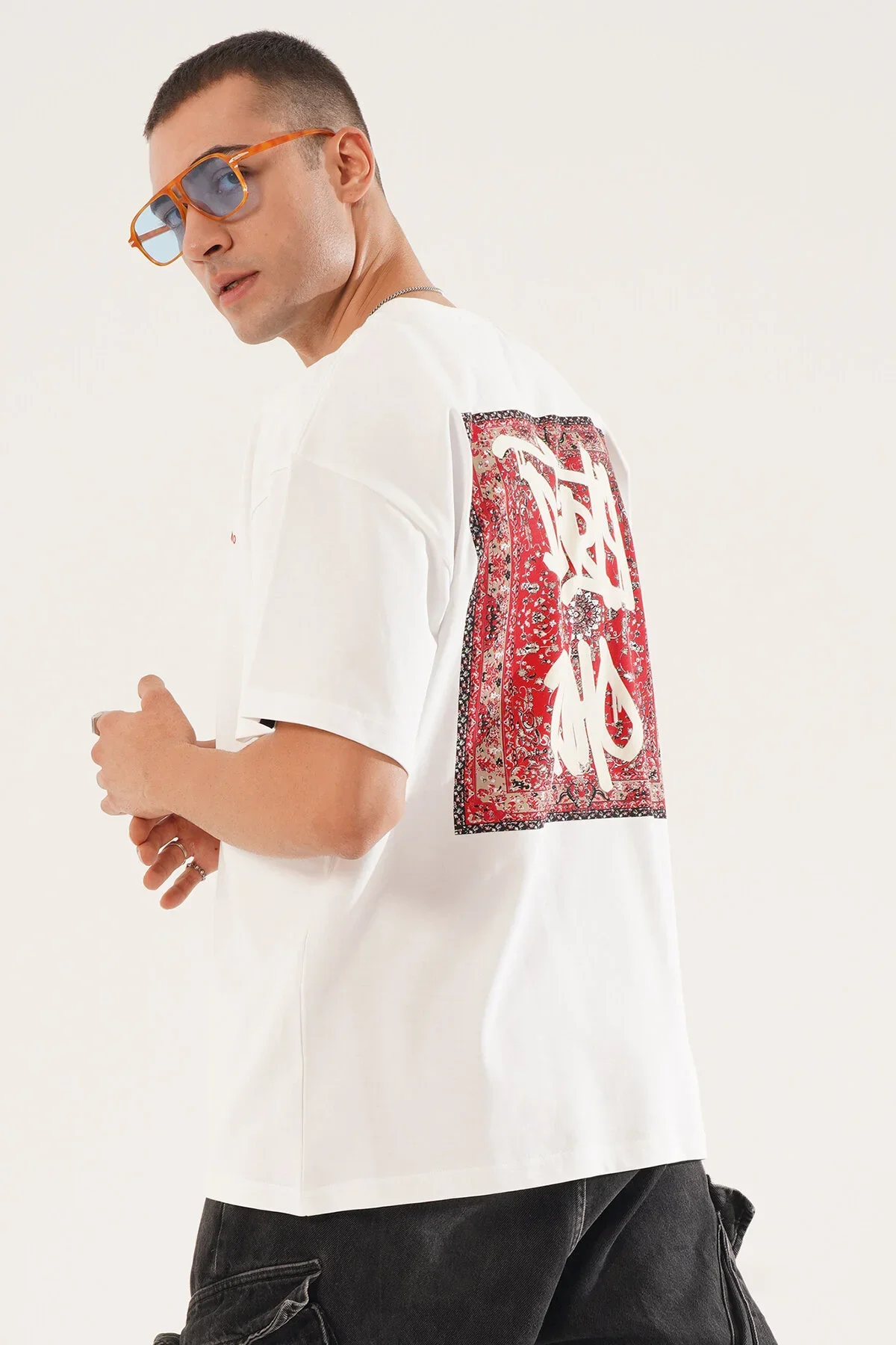 Erkek Kadife Baskılı Beyaz Oversize T-Shirt - görsel 5