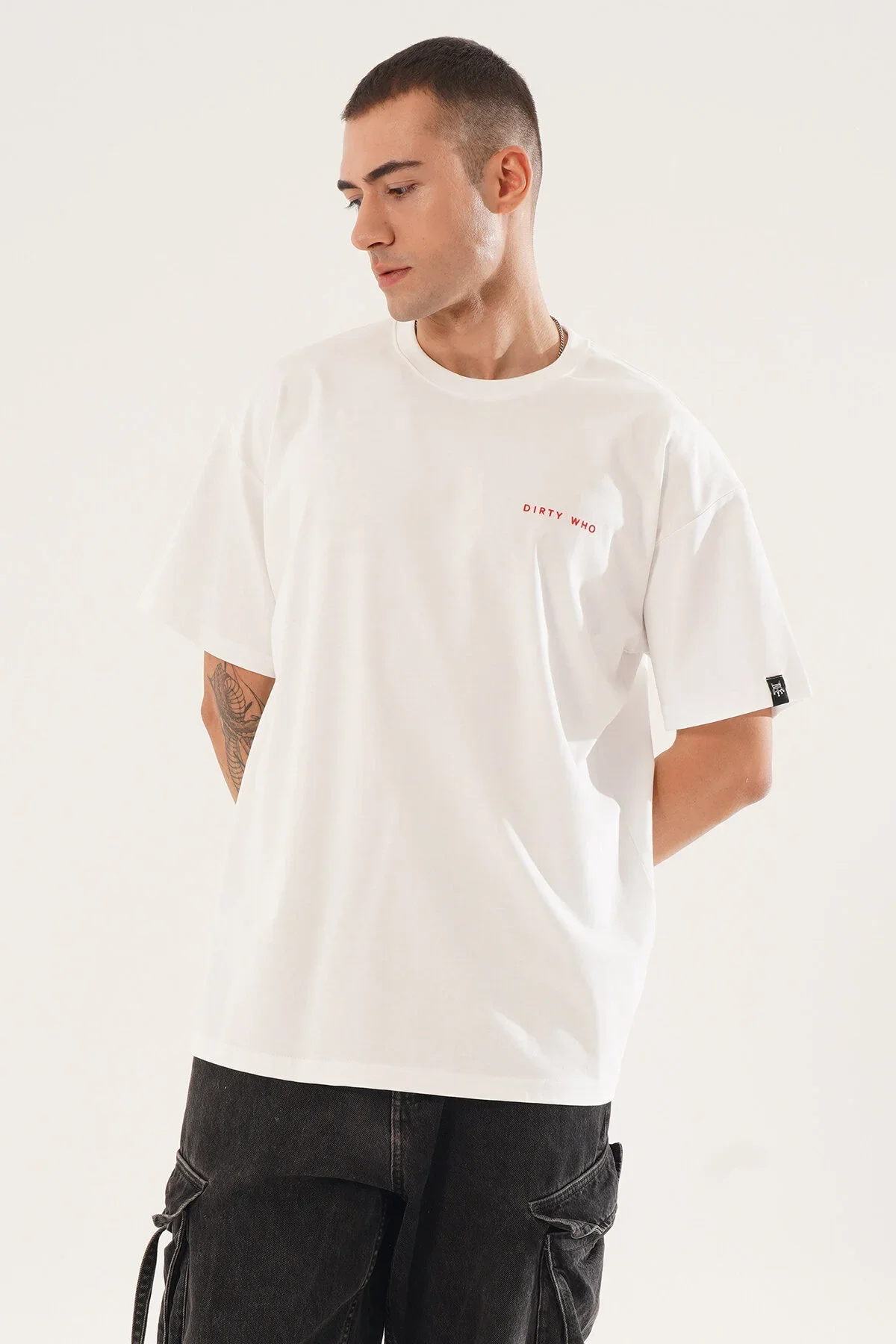 Erkek Kadife Baskılı Beyaz Oversize T-Shirt - görsel 2