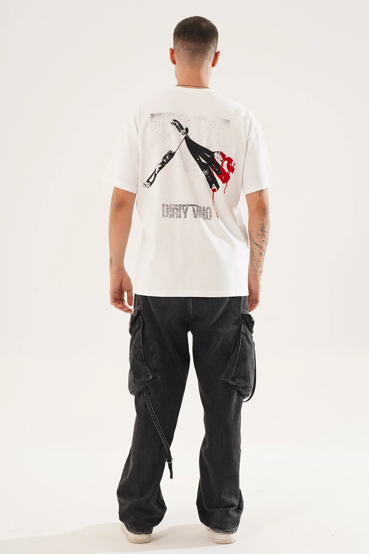 Erkek Kadife Baskılı Beyaz Oversize T-Shirt - görsel 3