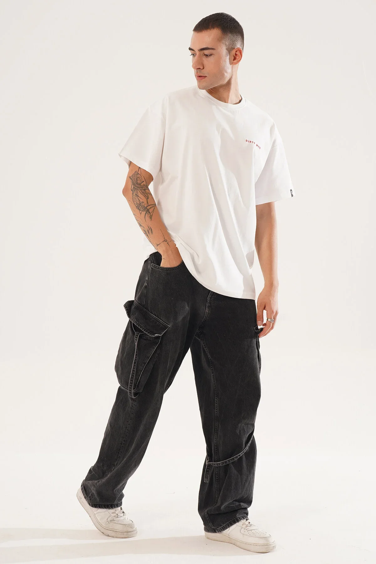 Erkek Kadife Baskılı Beyaz Oversize T-Shirt - görsel 5