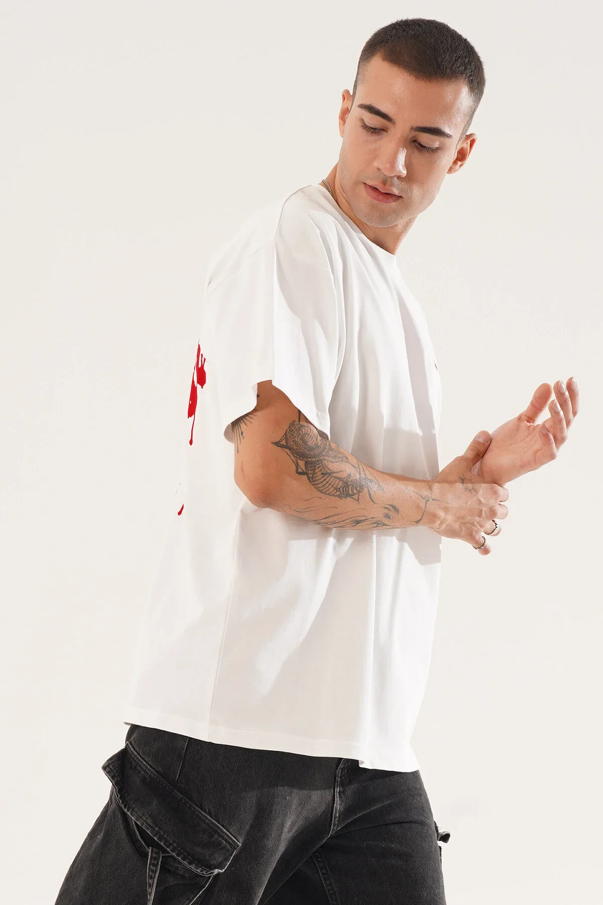 Erkek Kadife Baskılı Beyaz Oversize T-Shirt - görsel 6