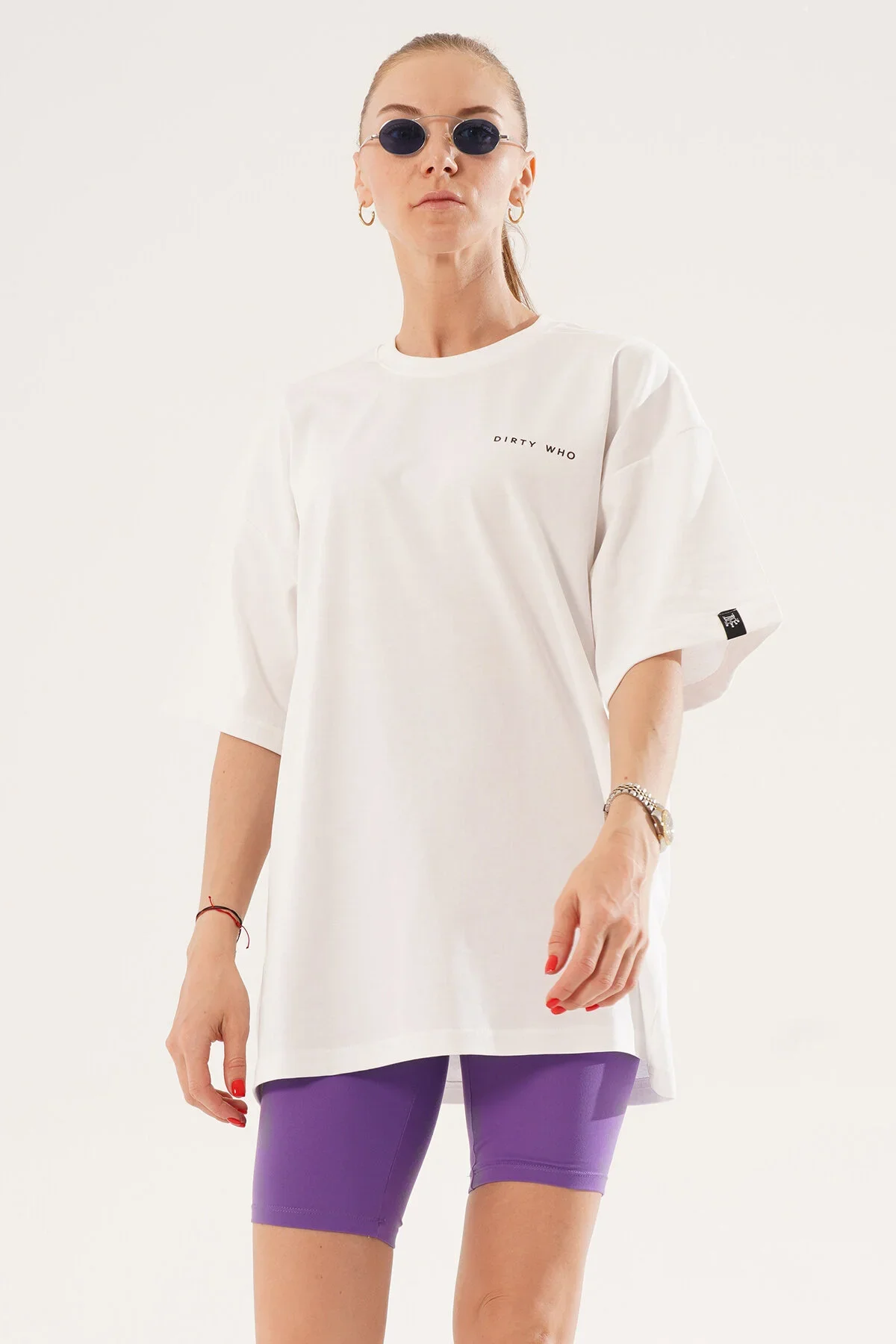 Kadın Kadife Baskılı Beyaz Oversize T-Shirt