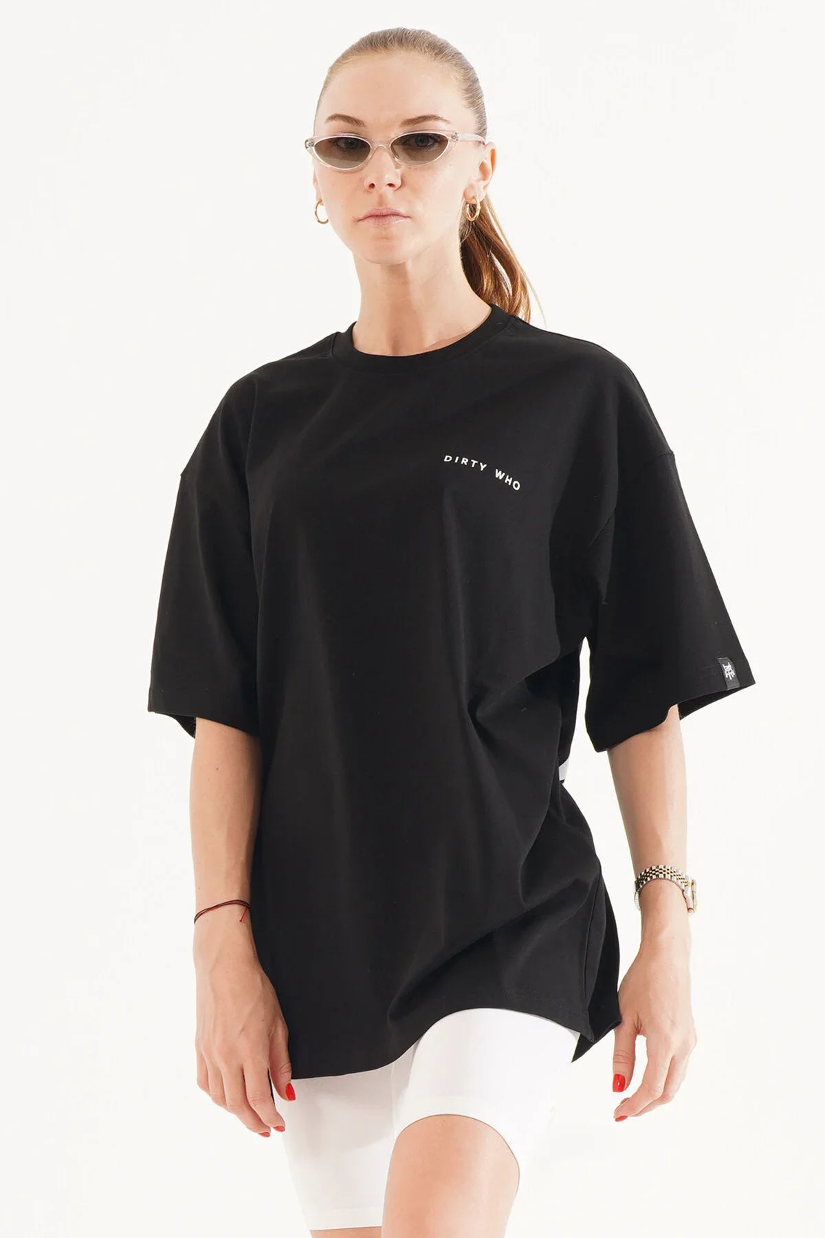 Kadın Kadife Baskılı Siyah Oversize T-Shirt