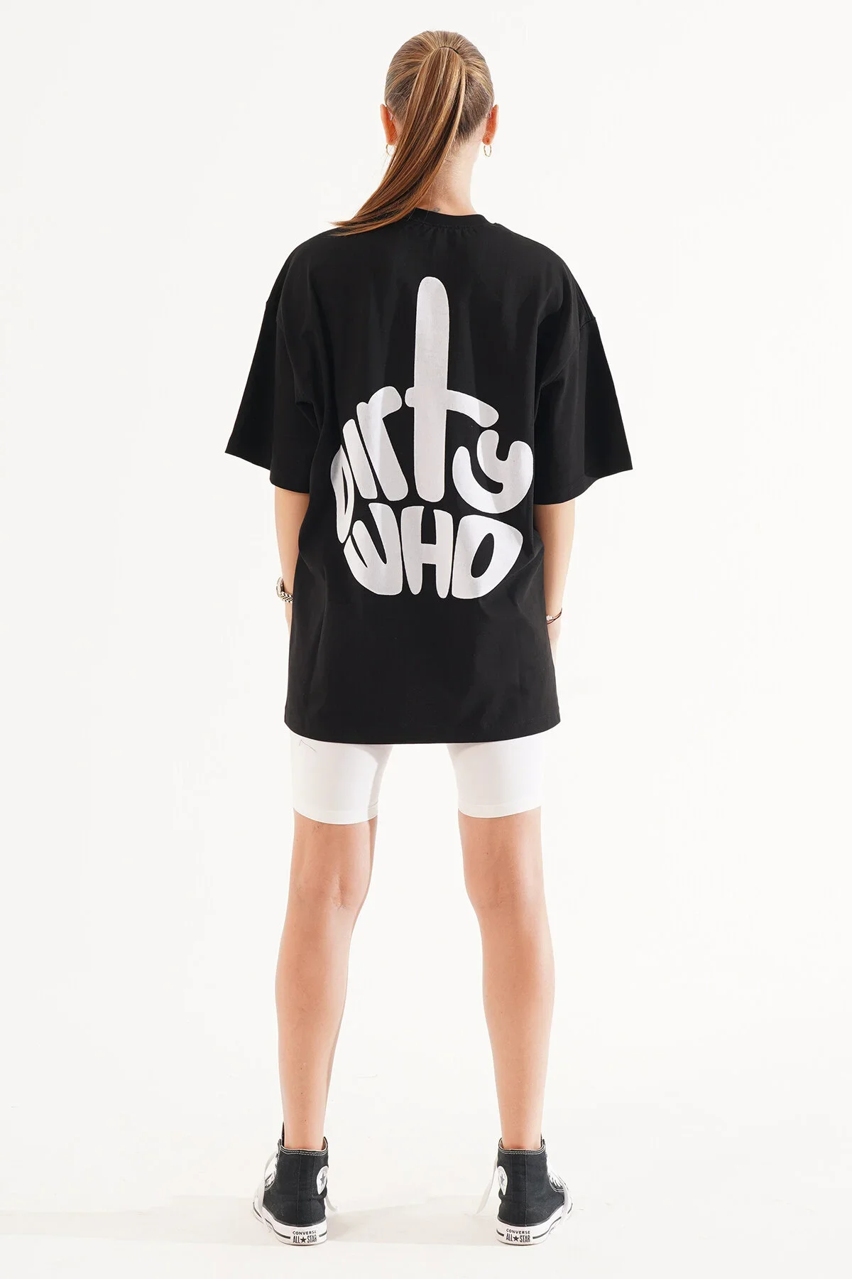 Kadın Kadife Baskılı Siyah Oversize T-Shirt