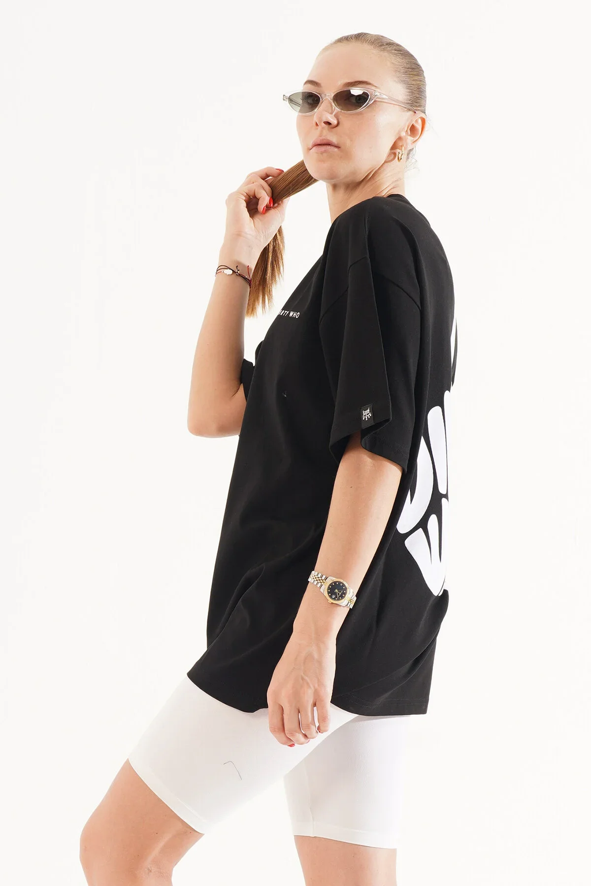 Kadın Kadife Baskılı Siyah Oversize T-Shirt