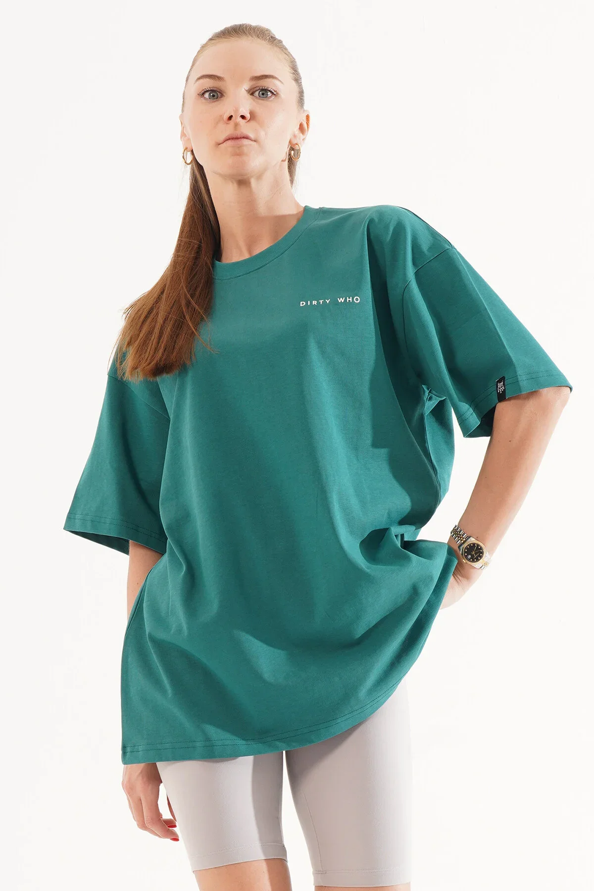 Kadın Kadife Baskılı Yeşil Oversize T-Shirt