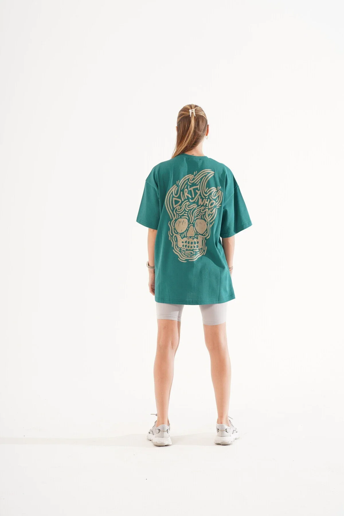 Kadın Kadife Baskılı Yeşil Oversize T-Shirt - görsel 6