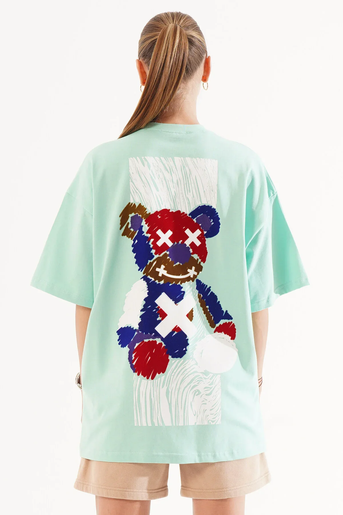 Kadın Kadife Baskılı Turkuaz Oversize T-Shirt