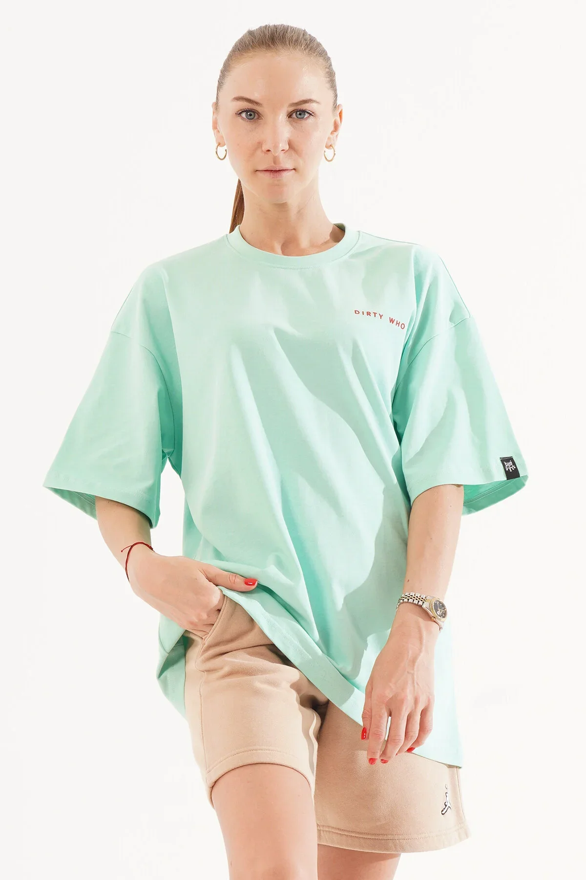 Kadın Kadife Baskılı Turkuaz Oversize T-Shirt