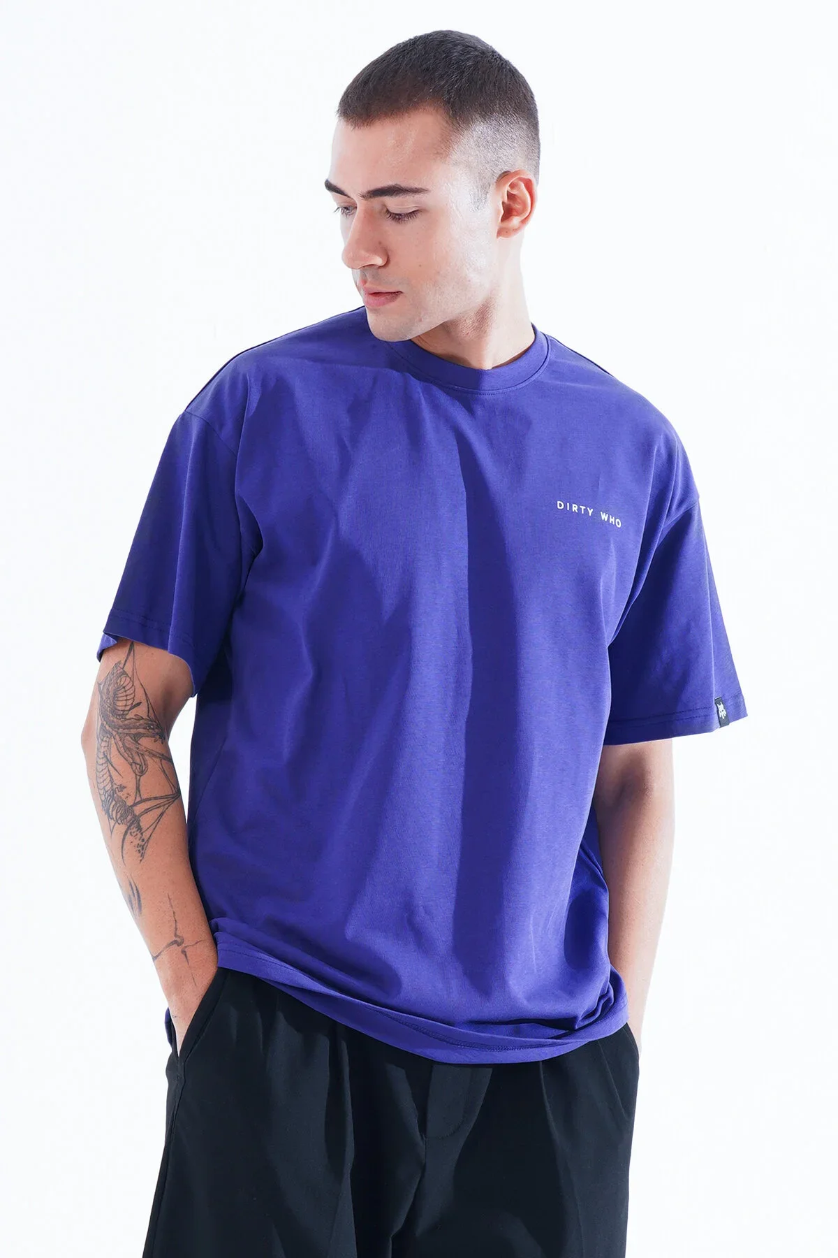 Erkek Kadife Baskılı Mavi Oversize T-Shirt