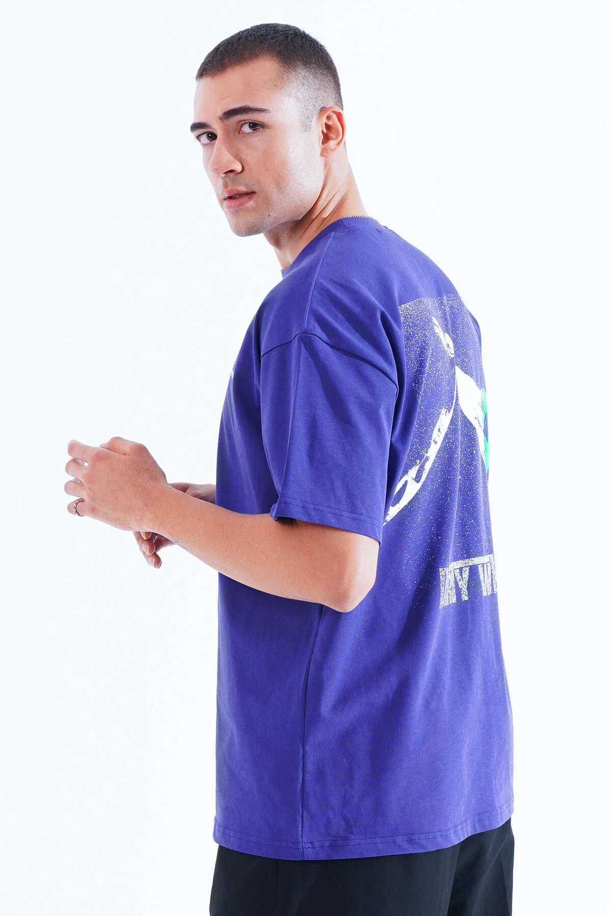 Erkek Kadife Baskılı Mavi Oversize T-Shirt