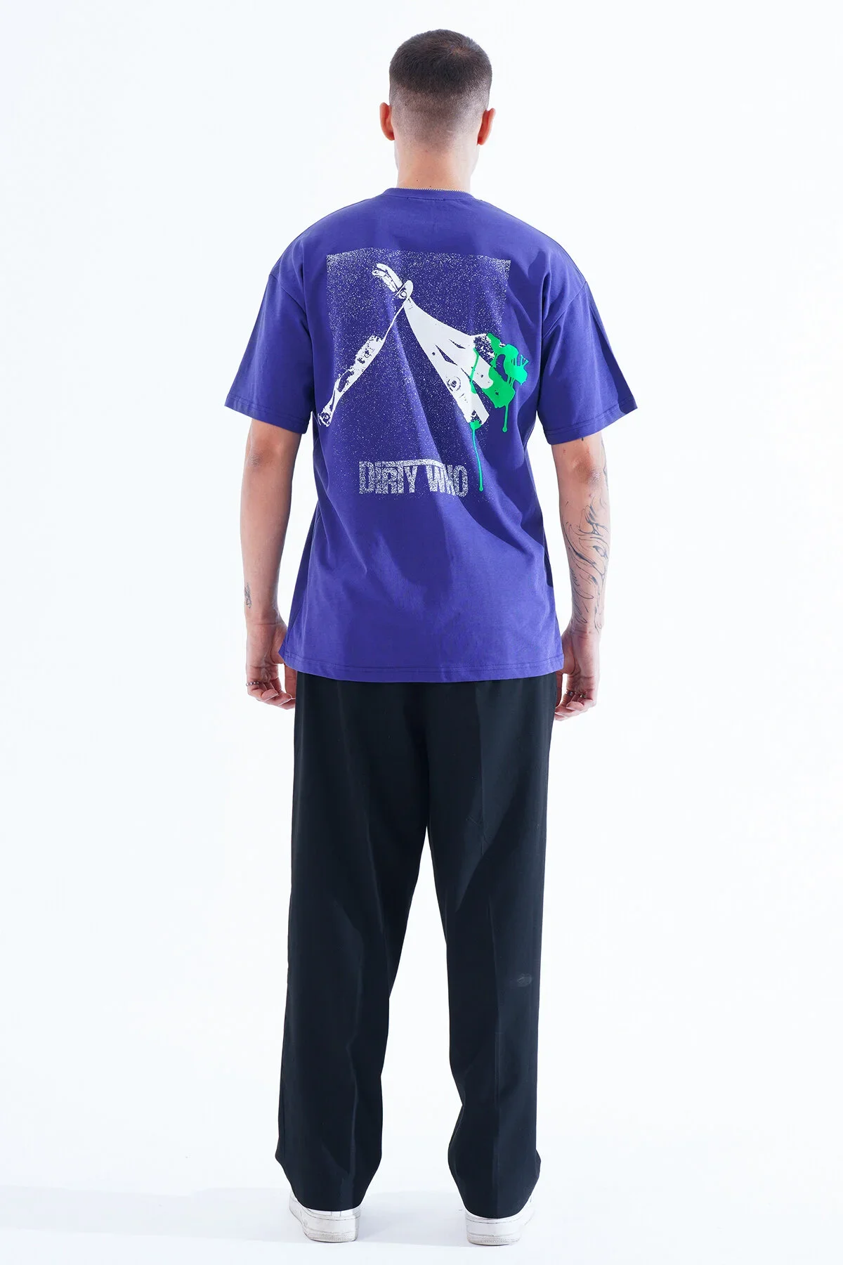 Erkek Kadife Baskılı Mavi Oversize T-Shirt - görsel 6