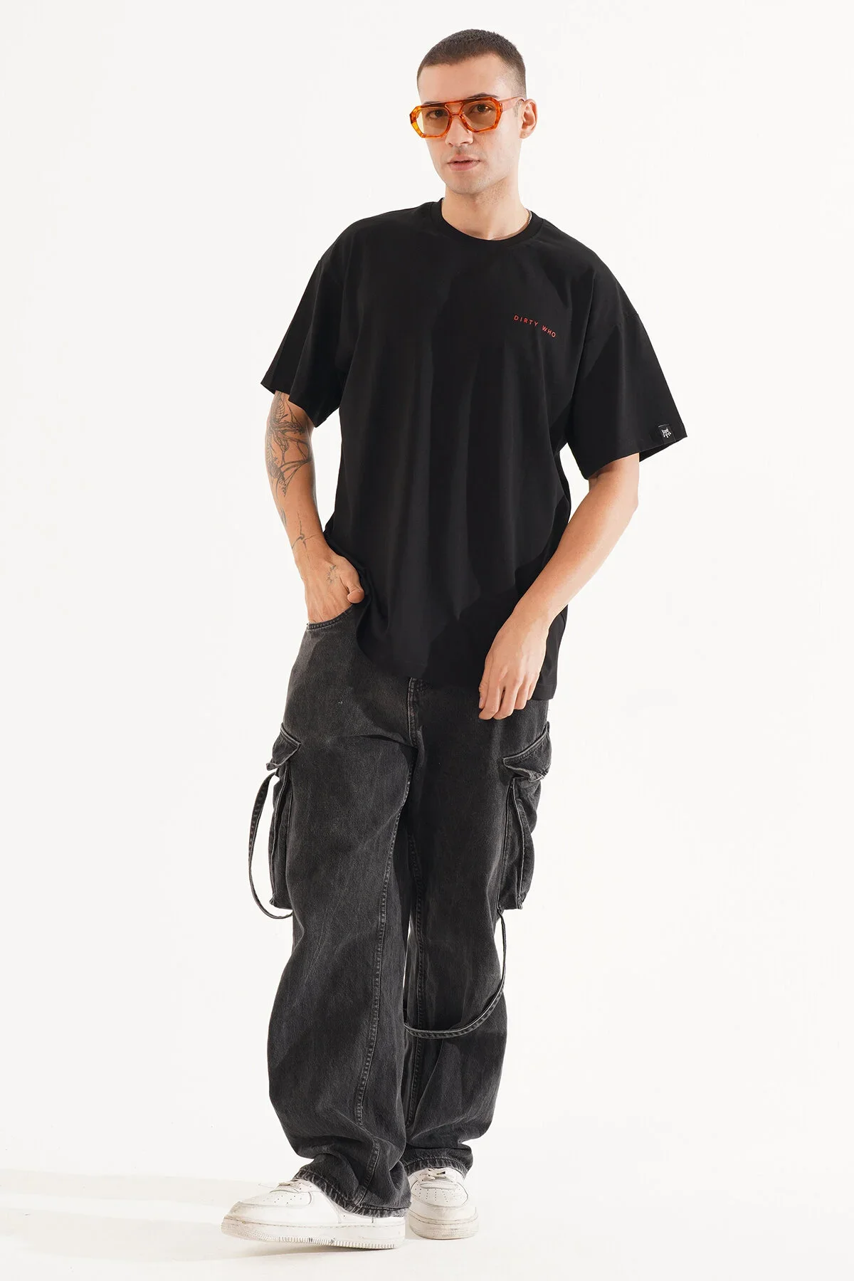 Erkek Kadife Baskılı Siyah Oversize T-Shirt - görsel 6