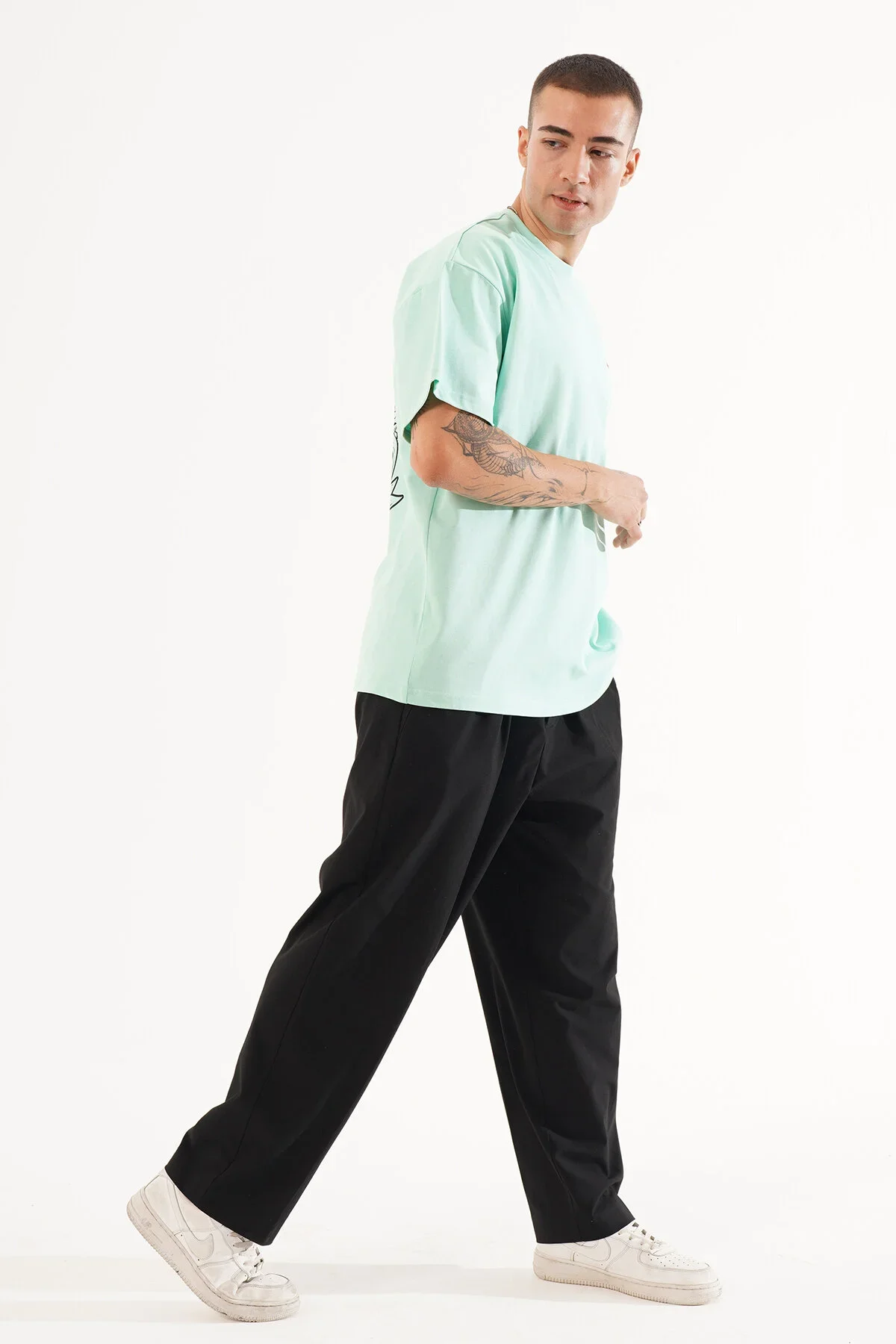 Erkek Kadife Baskılı Mint Oversize T-Shirt