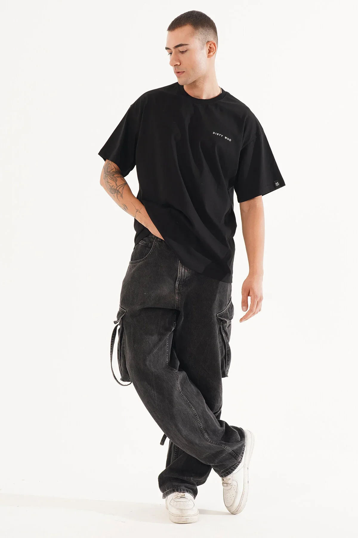 Erkek Kadife Baskılı Siyah Oversize T-Shirt
