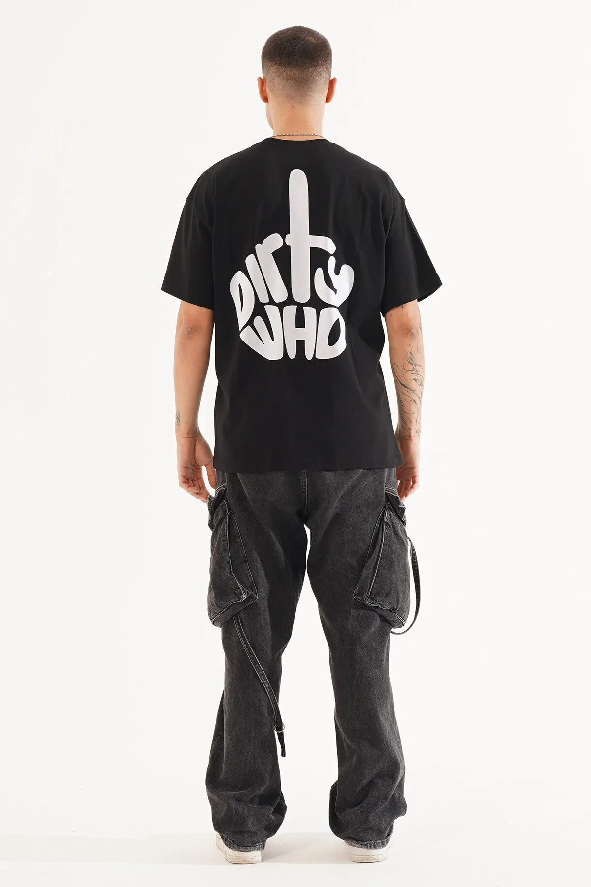 Erkek Kadife Baskılı Siyah Oversize T-Shirt