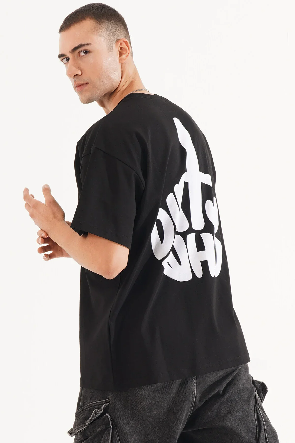 Erkek Kadife Baskılı Siyah Oversize T-Shirt - görsel 6